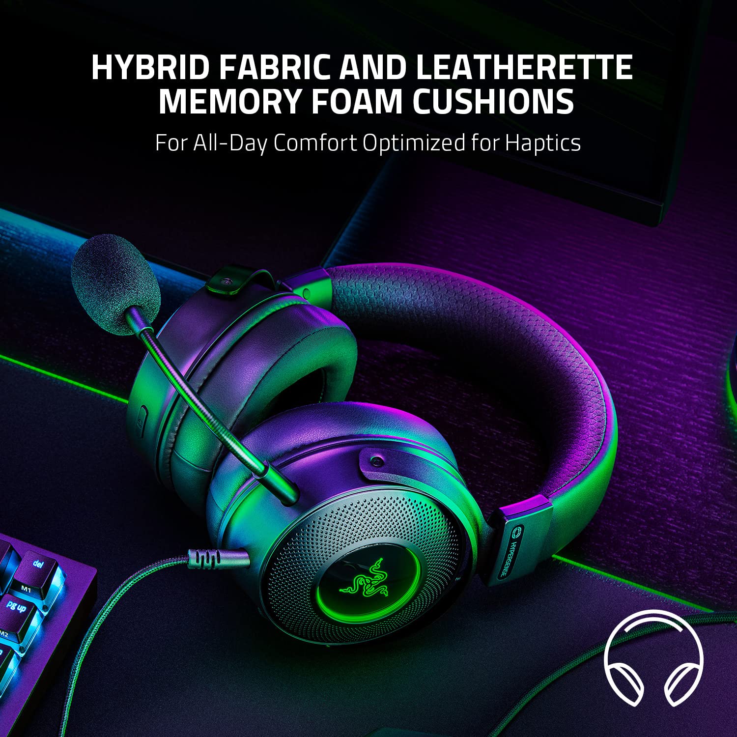 Razer Kraken V3 HyperSense Wired USB Gaming Headset with Haptic Feedback - 50mm Triforce Titanium Drivers & THX Spatial Audio - Memory Foam Ear Cushions (Hybrid Fabric/Leatherette) - Detachable Mic - Perfect for PC, PS5, Xbox Series X Gaming & Streaming