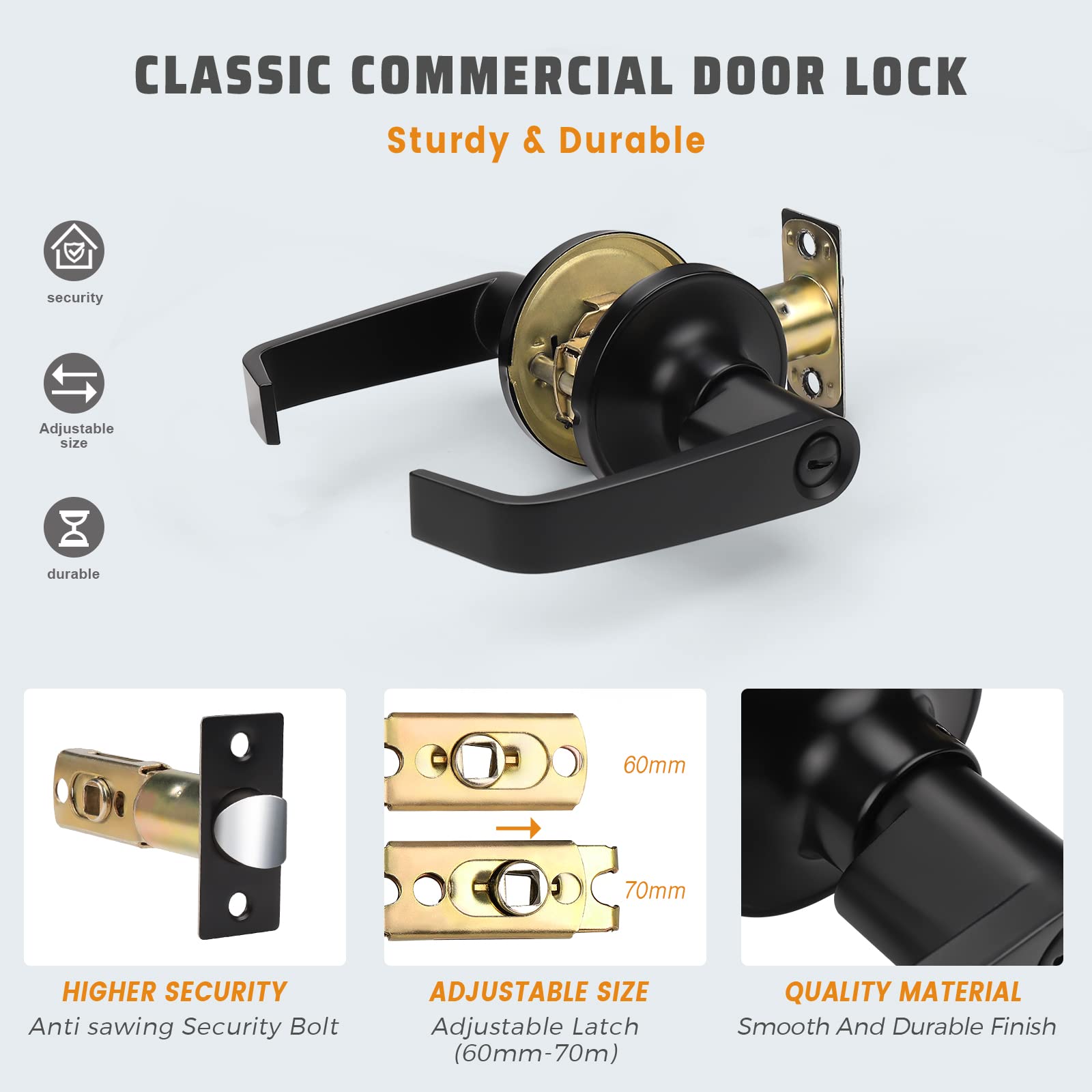 KNOBWELL 4 Pack Black Commercial Door Handles with Lock - Bedroom Lever Handle Set, Reversible for Left/Right Doors - Perfect for Homes, Offices & Hotels