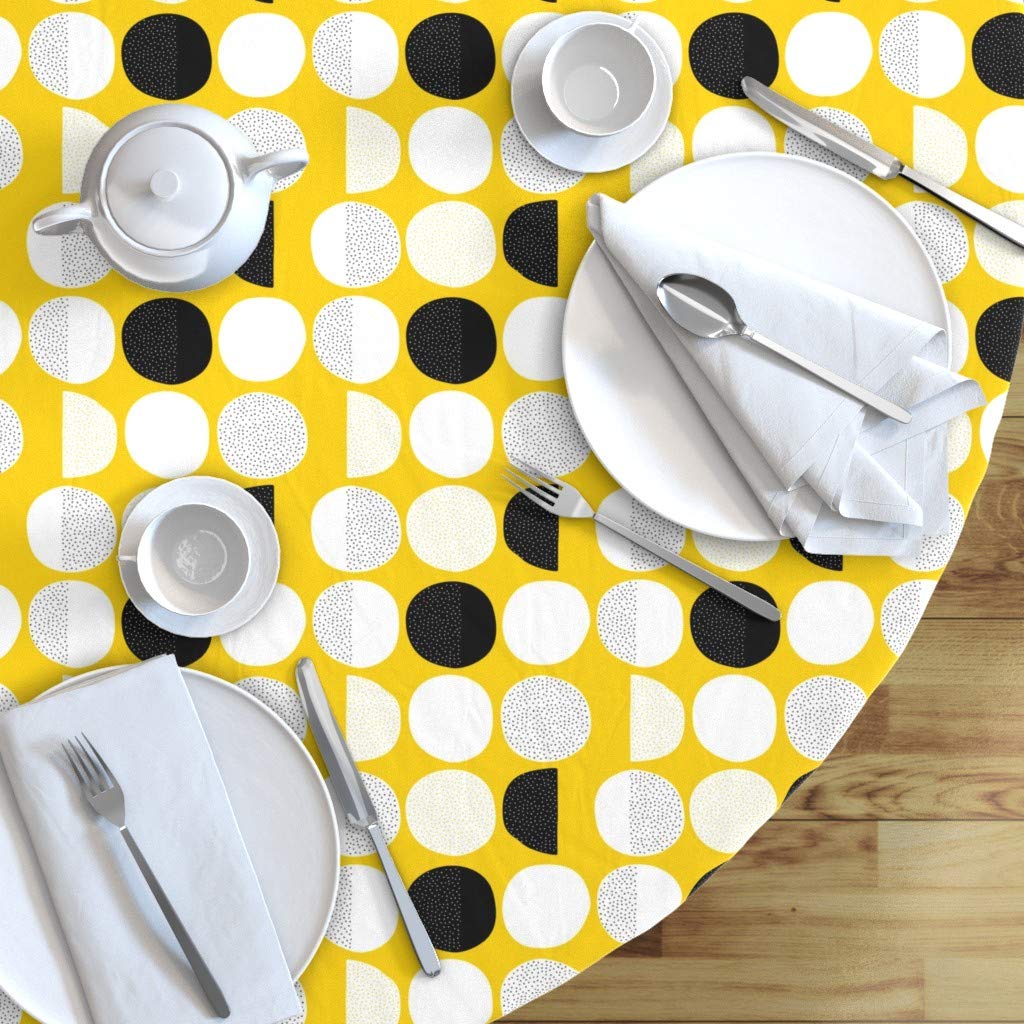 Moon Cycle Mod Yellow Abstract Circles Cotton Sateen Tablecloth - 70 Inch Round Scandi Retro Minimal Dots Baby Print Custom Table Linens for Dining Room, Kitchen Decor & Special Occasions