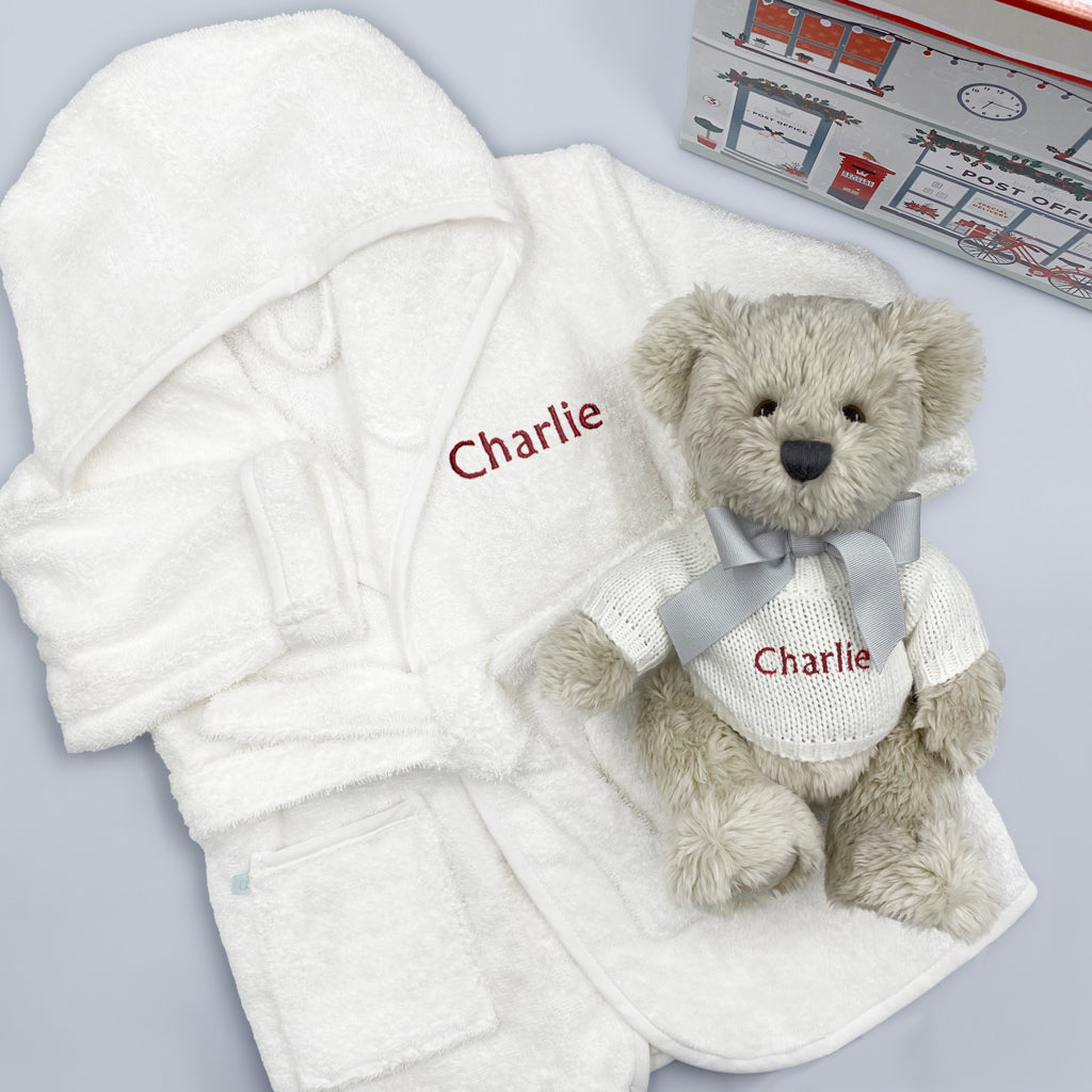 Personalized Christmas Bathrobe Set for Kids - Berkeley Bear Red Plush Robe | Cozy Holiday Gift for Boys & Girls | Perfect for Christmas Morning & Winter Relaxation