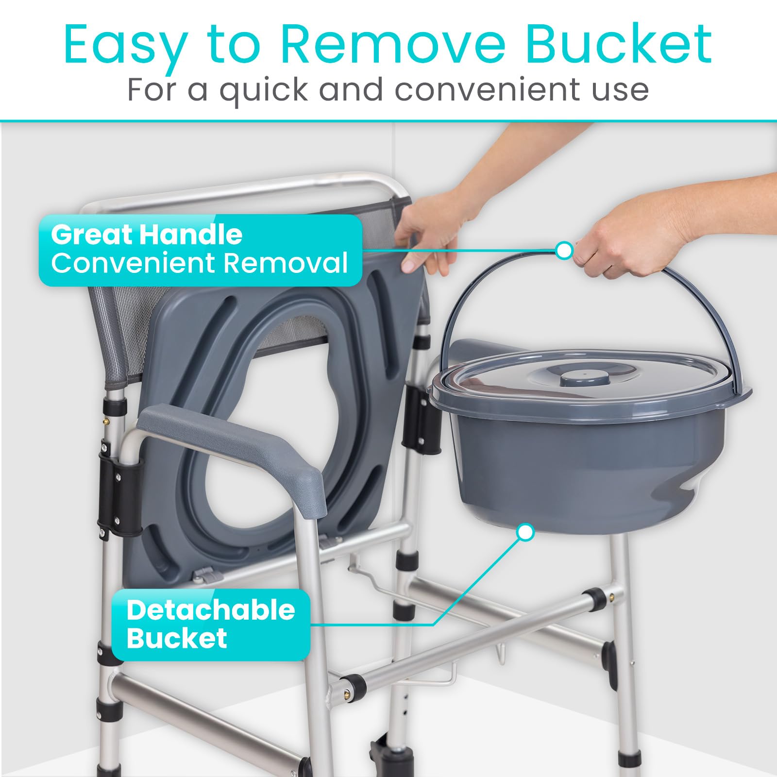 Vive Commode Shower Chair with Wheels - Adjustable Height Rolling Toilet Seat for Elderly, Disabled & Seniors - Bathroom Safety Transfer Chair with Arms, Non-Slip Footrest & Removable Bucket - Ideal for Home Care, Assisted Living & Mobility Assistance