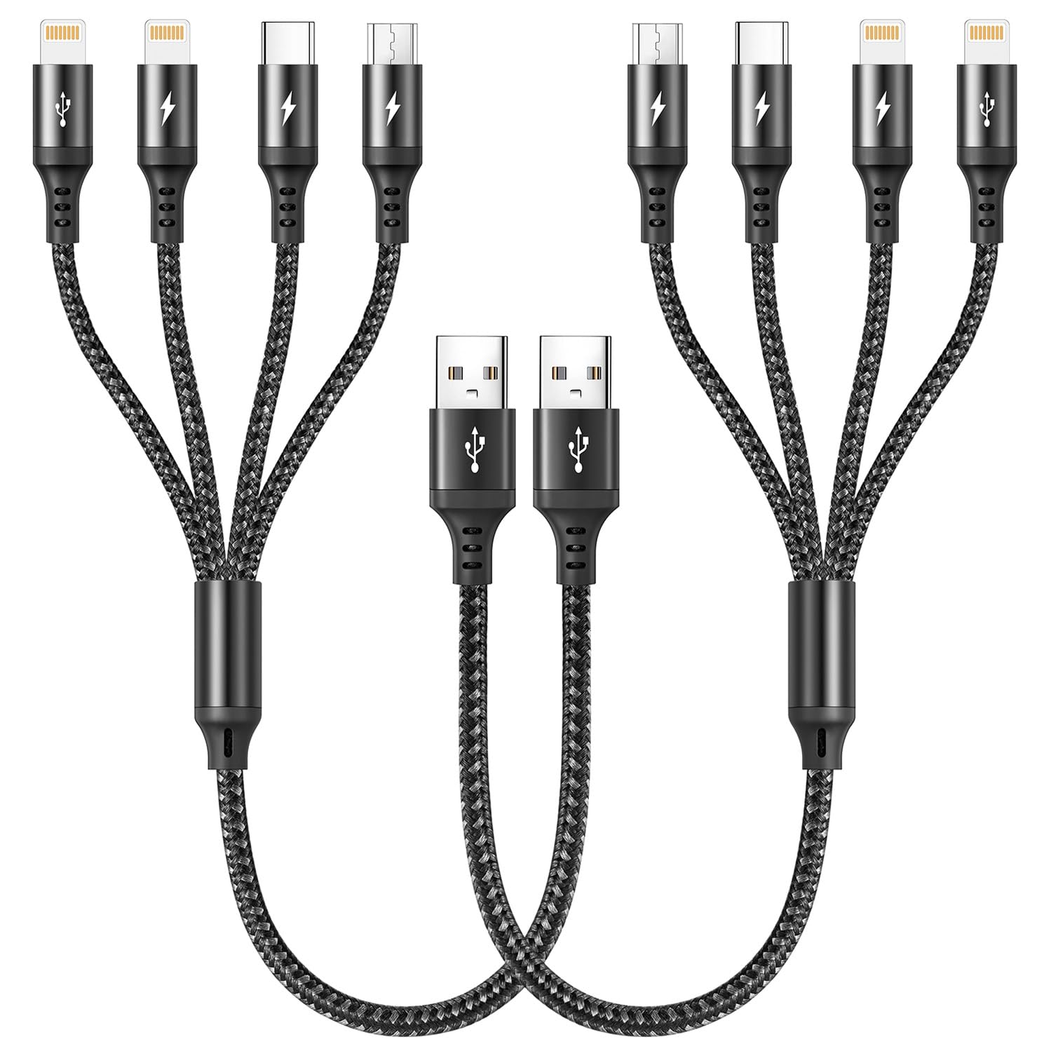 2-Pack RULUS 35CM Braided Multi Charging Cable - 4-in-1 Fast Charger with USB-C/Micro USB/Lightning Ports for iPhone, Android, iPad, Tablet | Home, Office, Car & Travel Use