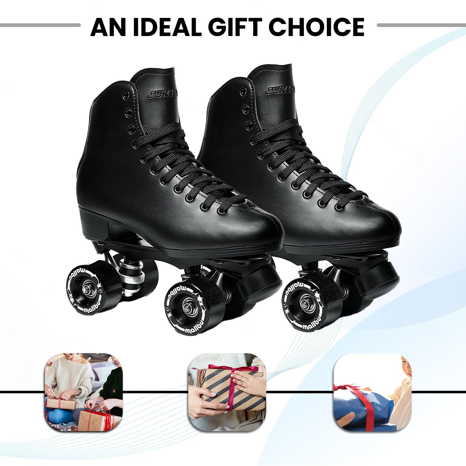 Sure-Grip Malibu Unisex Roller Skates - Stylish Vegan Leather Upper, Sturdy Aluminum Trucks, ABEC 3 Bearings, 88a Hardness Wheels - Made in USA for Indoor and Outdoor Skating