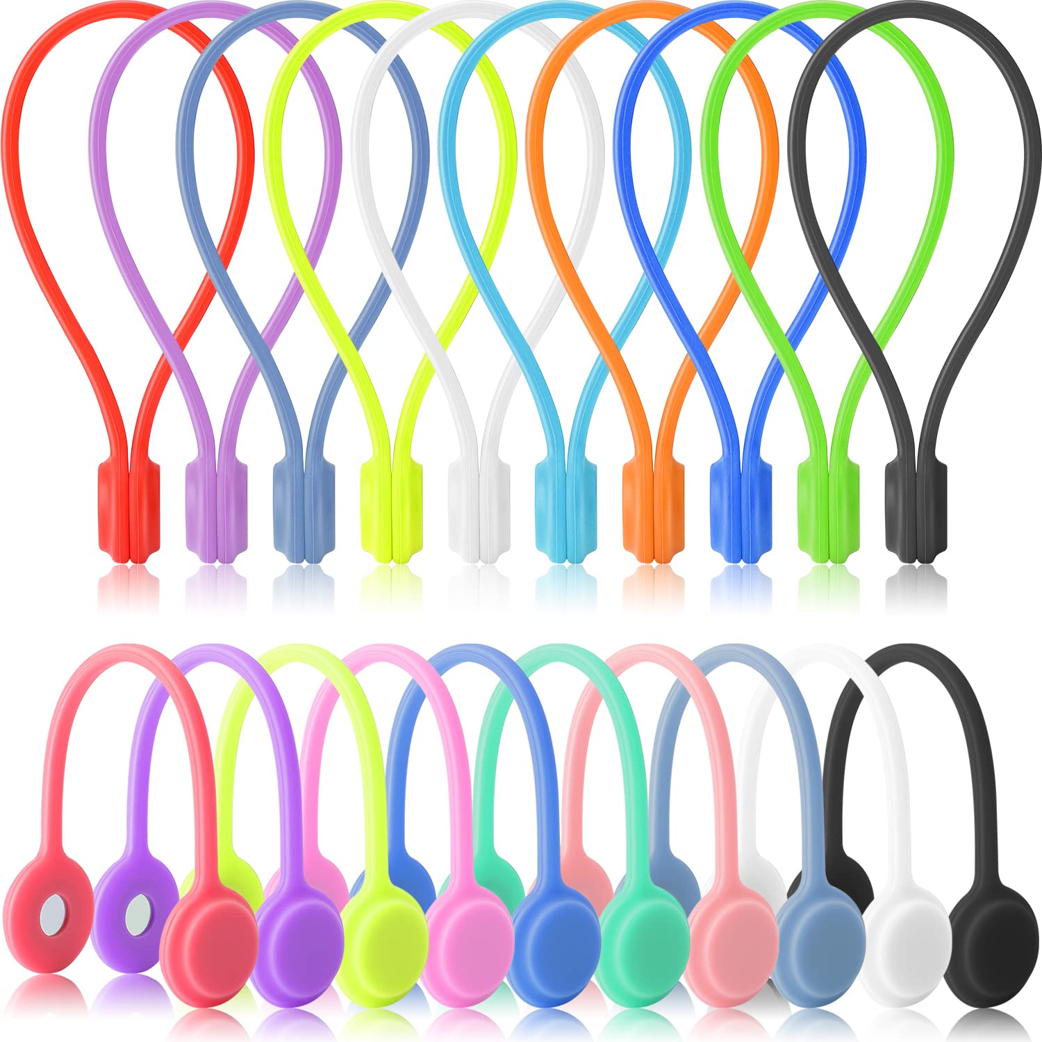 **20 Pack Reusable Silicone Magnetic Cable Ties - Strong Cord Organizers for Earbuds, Wires & Cables (2 Sizes, 10 Colors) - Perfect for Home, Office & Travel**