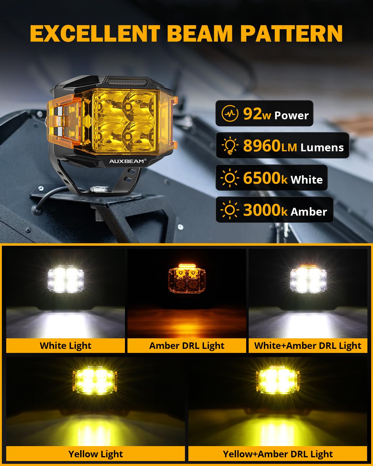 Auxbeam 4 Inch 92W LED Pod Lights - V-MAX Series Square Offroad Driving Lights with Amber DRL, 270° Spot Flood Combo Beam & Side Shooter - Yellow Cover for Truck, SUV, ATV, UTV - Perfect for Off-Roading, Night Driving & Work Lighting
