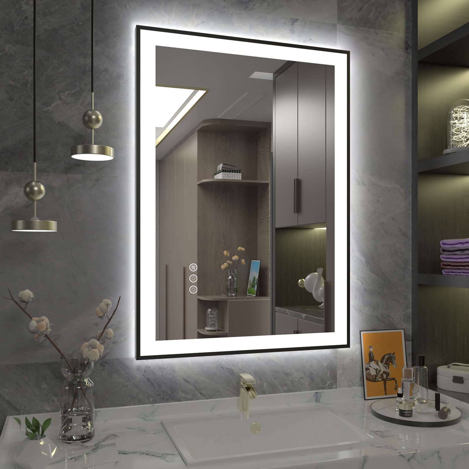 SMIROR 22x30 Inch LED Bathroom Mirror with Dimmable Front & Back Lighting - Anti-Fog, Shatterproof, Memory Function - Matte Black Framed Wall Mirror (Horizontal/Vertical Mounting) - Perfect for Vanity, Makeup, Shaving & Home Decor - ETL Certified