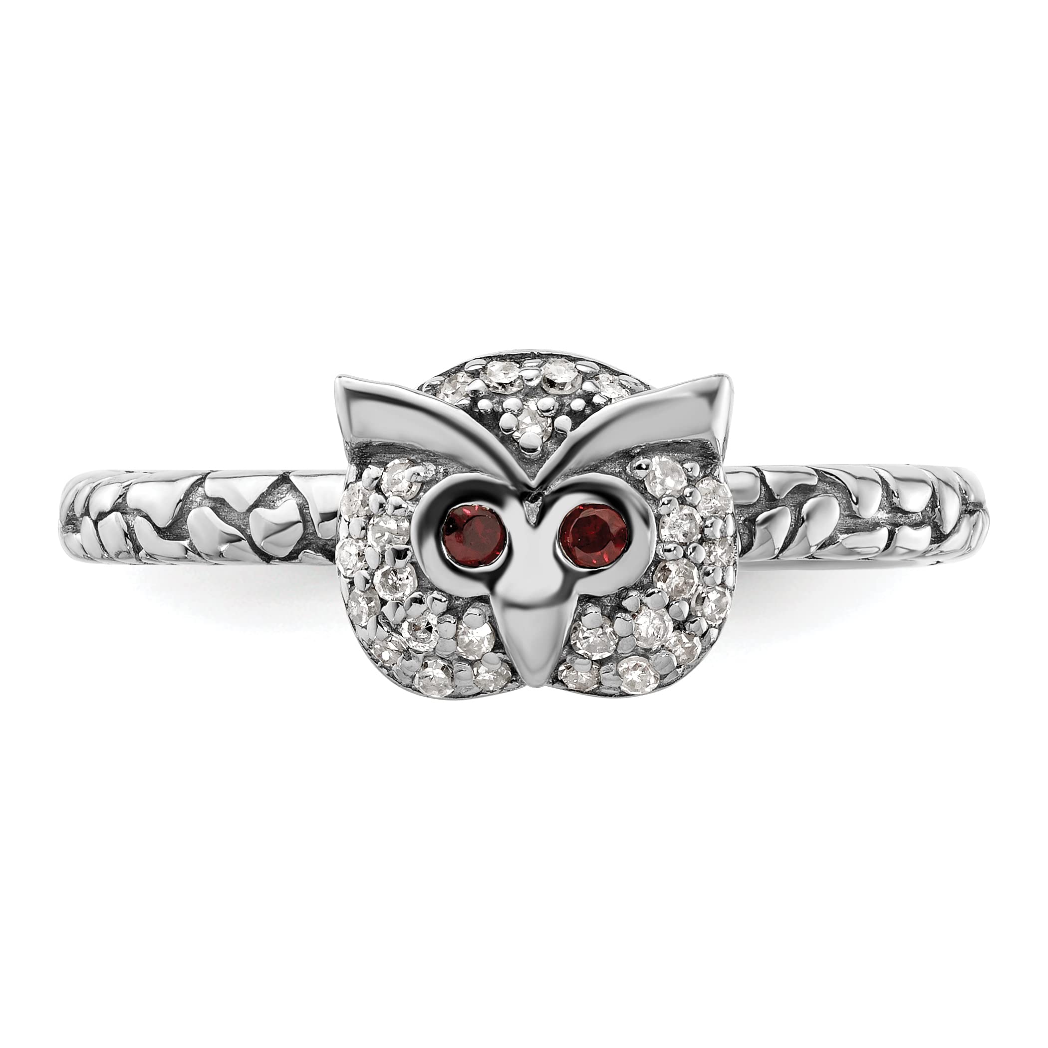 Avariah Solid Sterling Silver Stackable Expressions Garnet & Diamond Owl Ring - Size 7.0 - Elegant Jewelry for Women, Perfect Gift for Birthday, Anniversary & Special Occasions