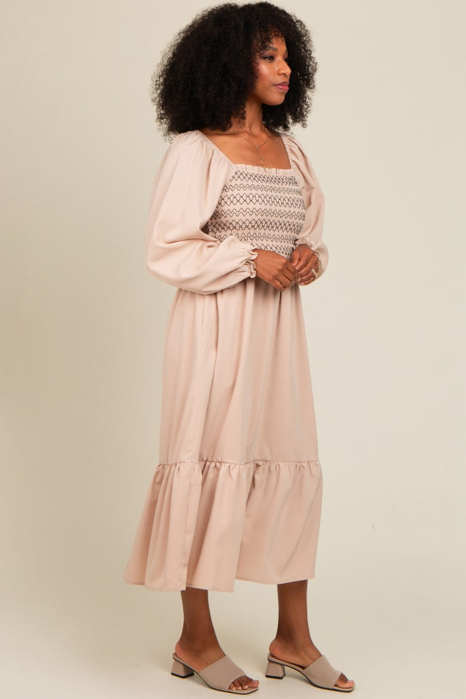 Beige Contrast Smocked Balloon Sleeve Midi Dress for Women | Elegant Flowy Summer Dress for Weddings, Parties & Date Nights