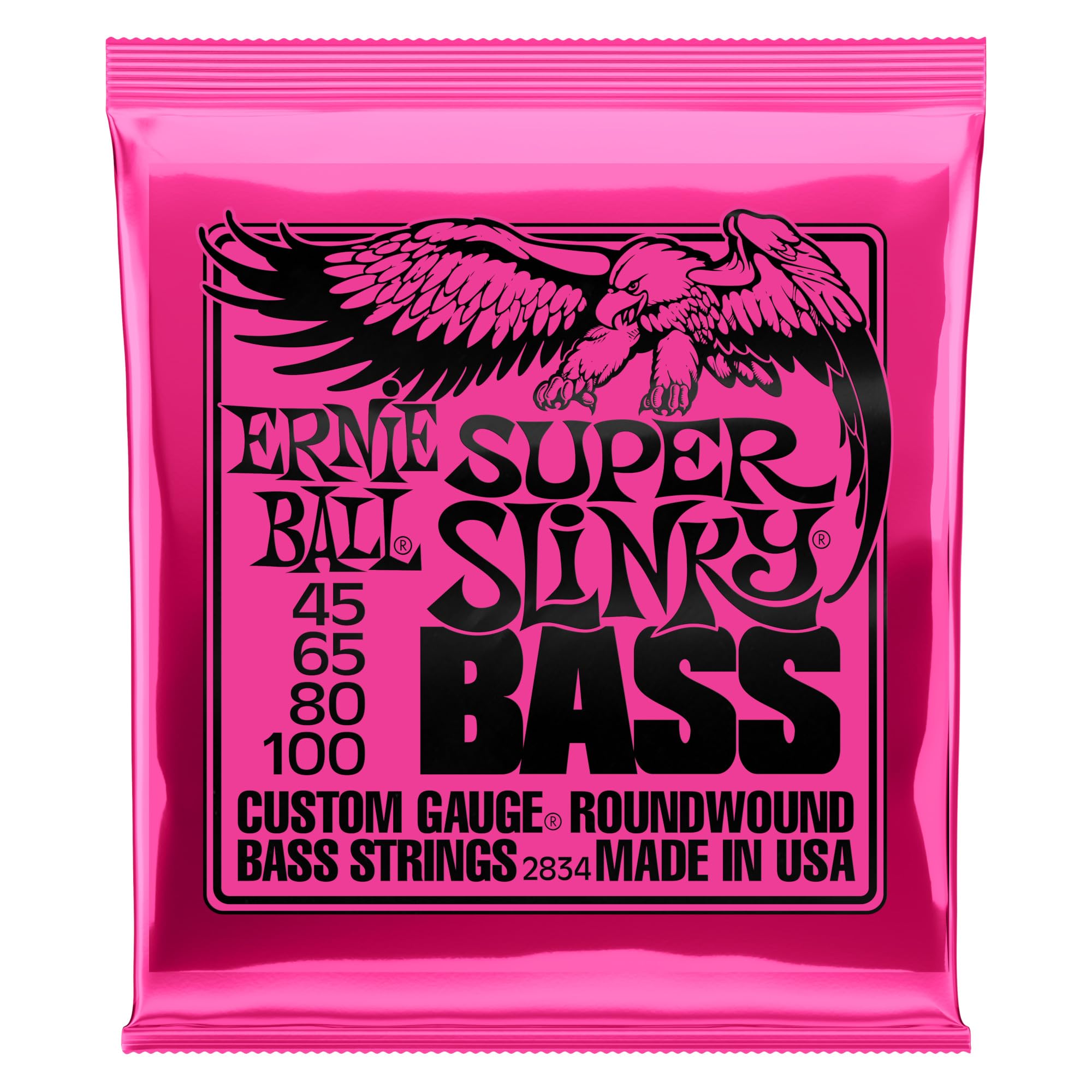 Ernie Ball Super Slinky Nickel Wound Bass Guitar Strings 45-100 Gauge (P02834) - Premium Electric Bass Strings for Rock, Jazz & Studio Recording