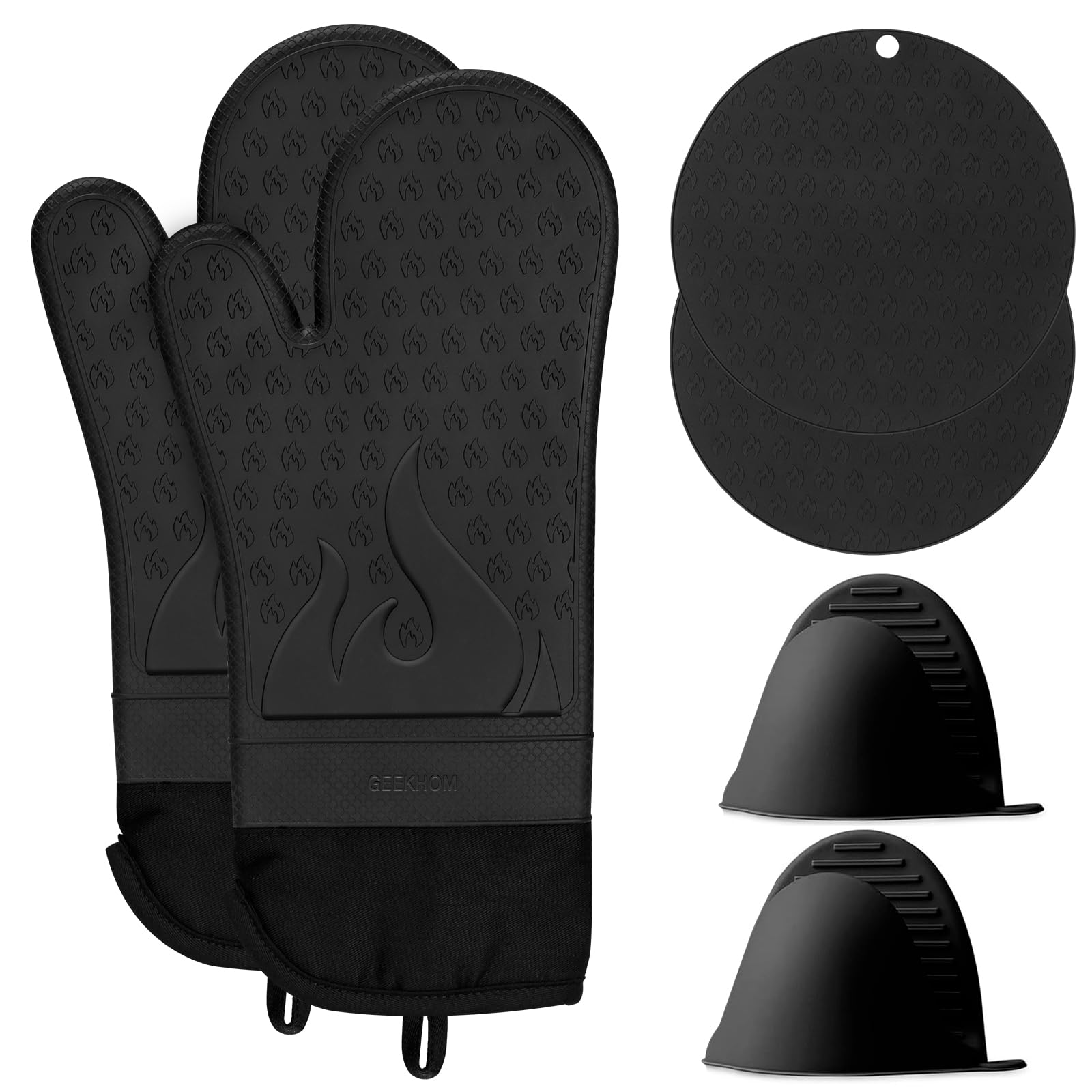 GEEKHOM Heat Resistant Silicone Oven Mitts & Pot Holders Set - Extra Long BBQ Gloves with Non-Slip Grip for Cooking, Baking, Grilling - Perfect for Kitchen, Outdoor Camping & Backyard BBQ (Black)