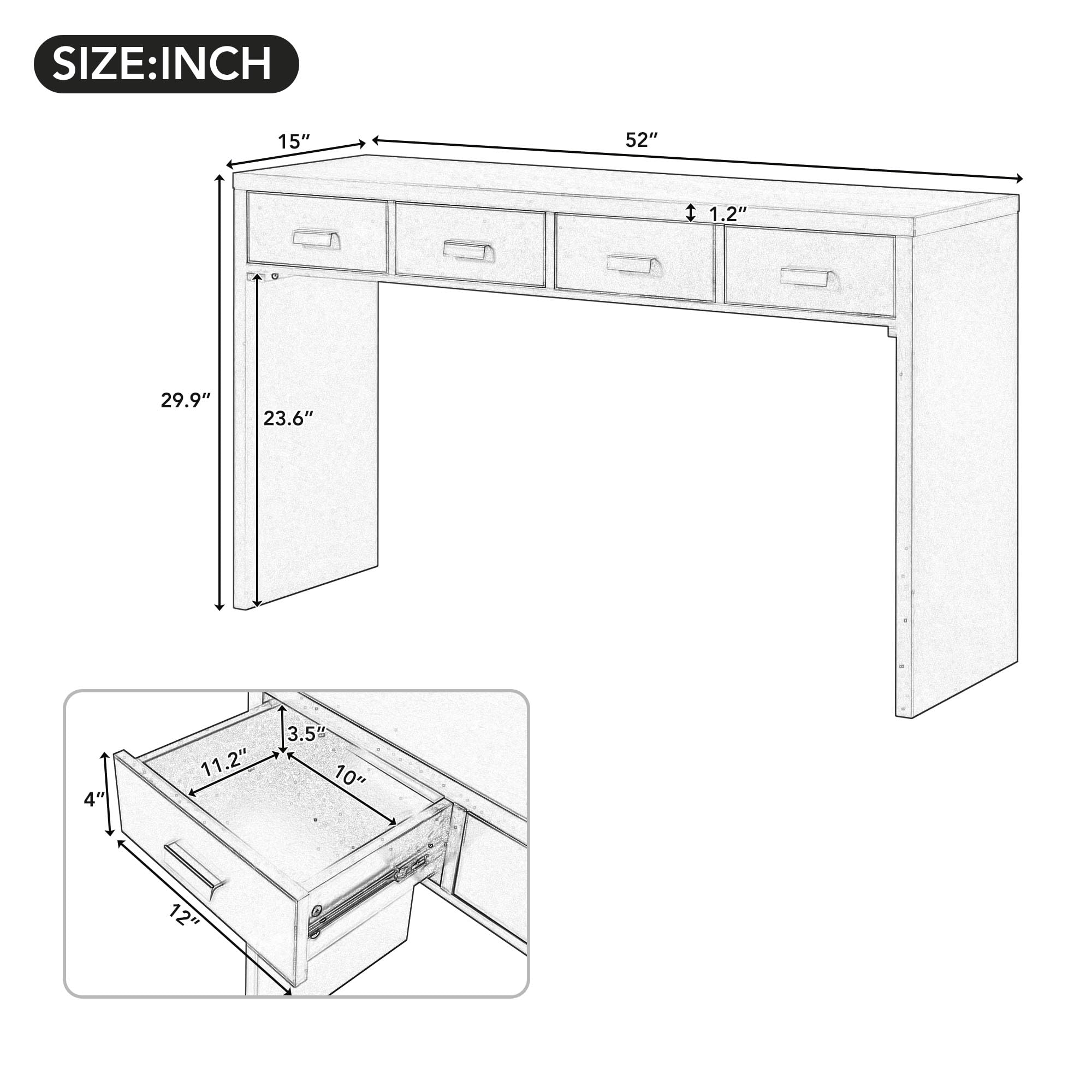 JULYFOX 52 Inch Solid Wood Sofa Console Table with 4 Storage Drawers - Entryway Hallway Table for Living Room & Dining Room - Heavy Duty Furniture for Home Decor (White) - Perfect for Small Spaces & Apartment Living