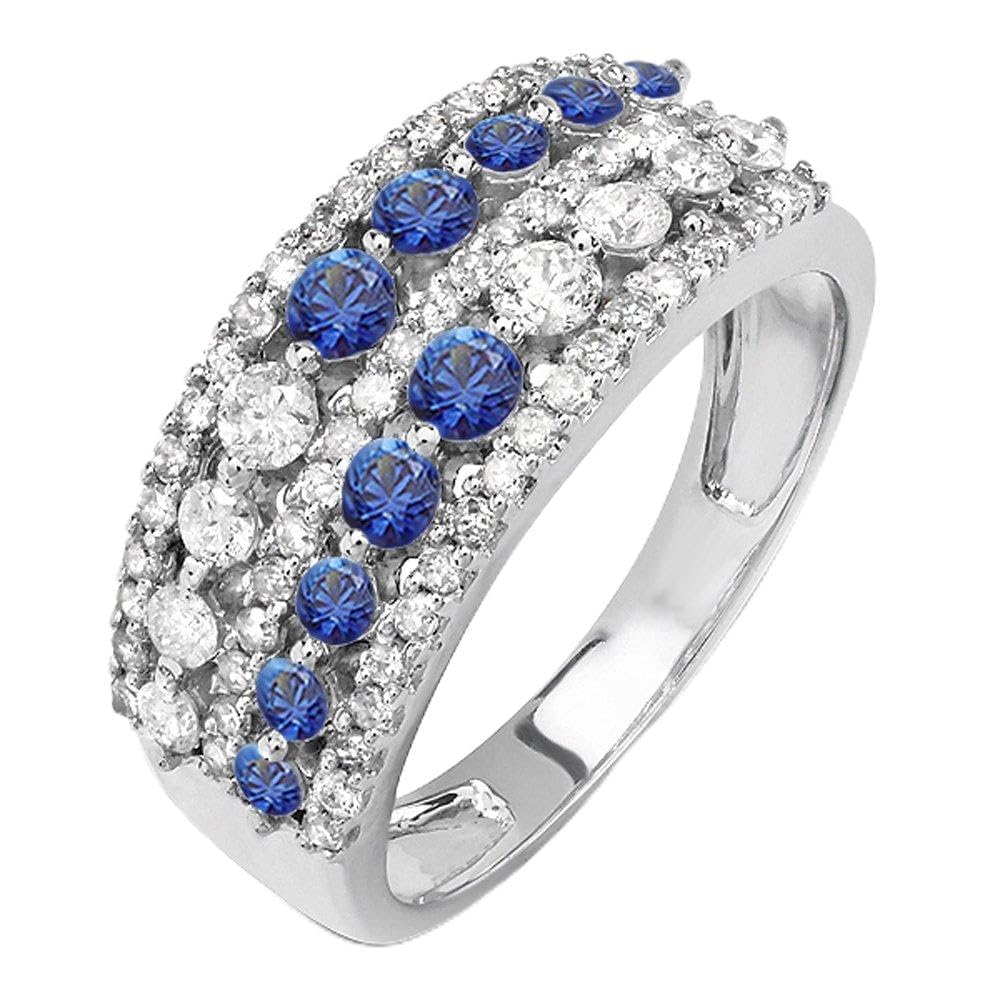 10K Solid White Gold Round Blue Sapphire & Diamond Women's Anniversary Wedding Band Ring – Dazzlingrock Collection | Perfect for Engagement, Proposal, Valentine's Day & Special Occasions