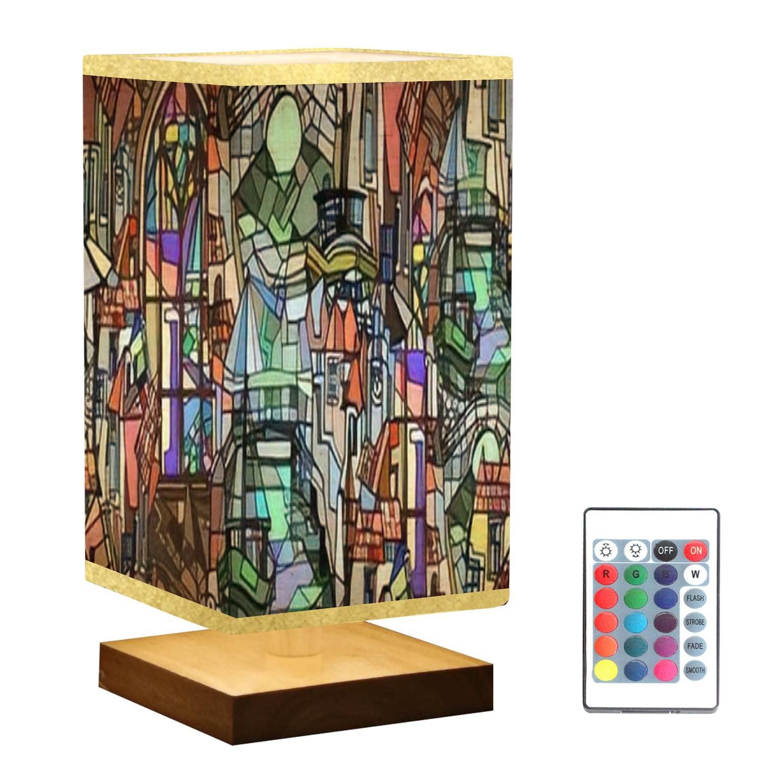 Abstract Dutch Town Hand-Drawn Wooden Base Table Lamp with Flaxen Fabric Shade - Dimmable Nightstand Lamp for Bedroom & Living Room | Perfect for Cozy Reading Nooks and Modern Home Decor
