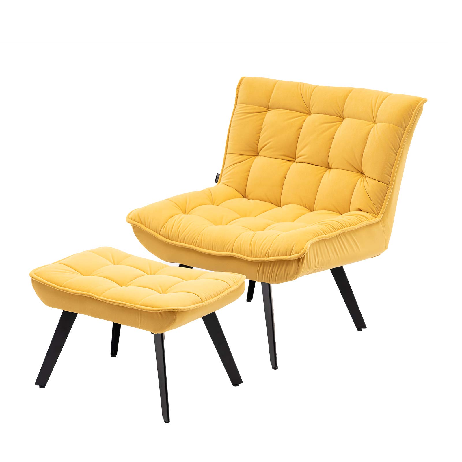 RUNNA Modern Soft Velvet Accent Chair - Comfortable Leisure & TV Chair with Ottoman, Black Legs for Living Room, Bedroom & Home Decor (Yellow) | Perfect for Relaxing, Reading & Entertaining Guests