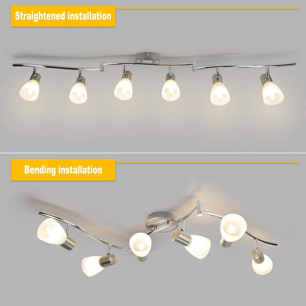 DLLT 6-Light Flexible Track Lighting Rail System - Modern Adjustable LED Spot Ceiling Fixture with Glass Shade - Brushed Steel Finish - Perfect for Living Room, Dining Room, Bedroom & Kitchen Lighting