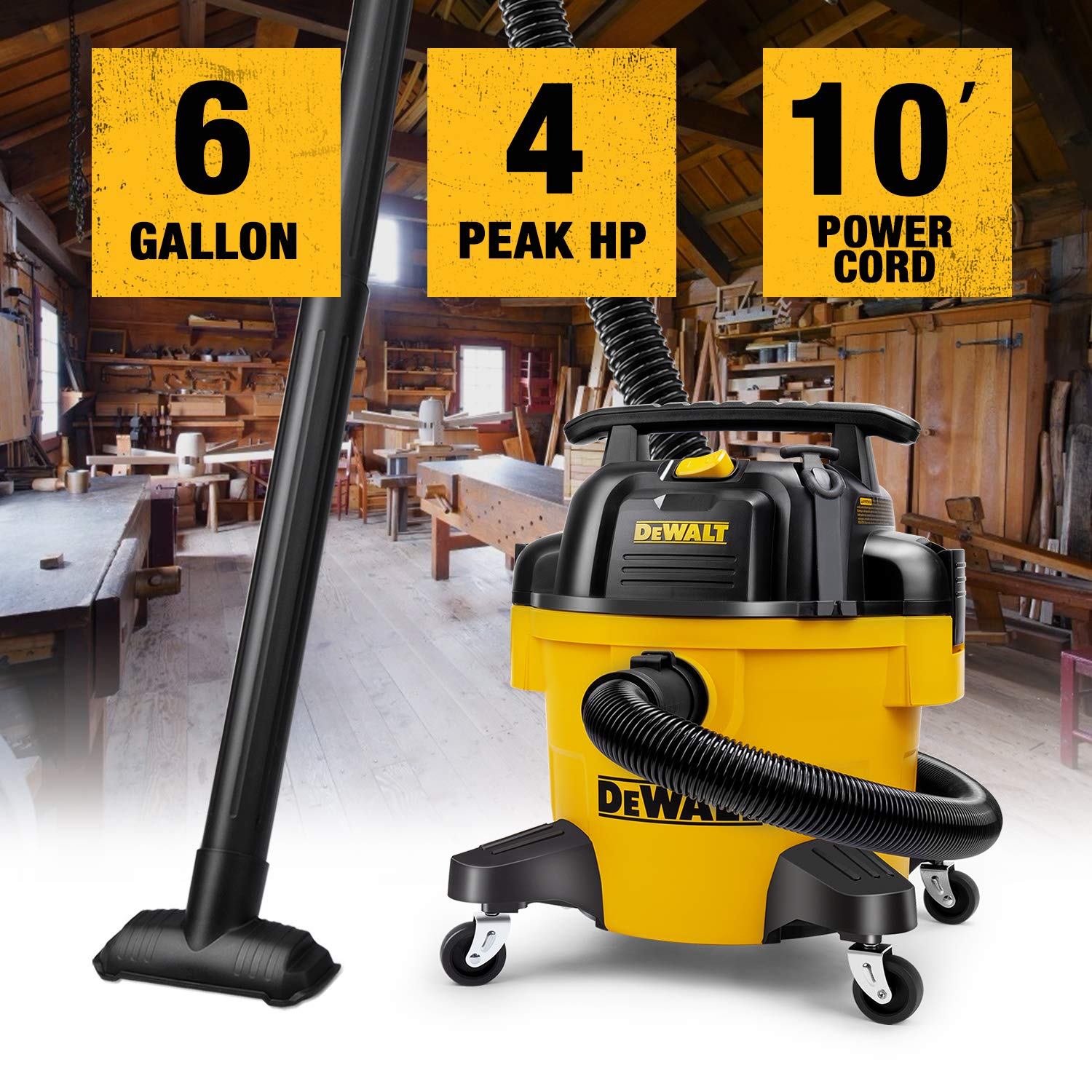 **DEWALT DXV06P 6 Gallon Wet/Dry Vacuum Cleaner - Yellow Workshop Vac with 1-7/8-Inch Accessory Kit (WS17854A) - Ideal for Homeowners, DIY Projects, Garage Cleaning & Workshop Use**