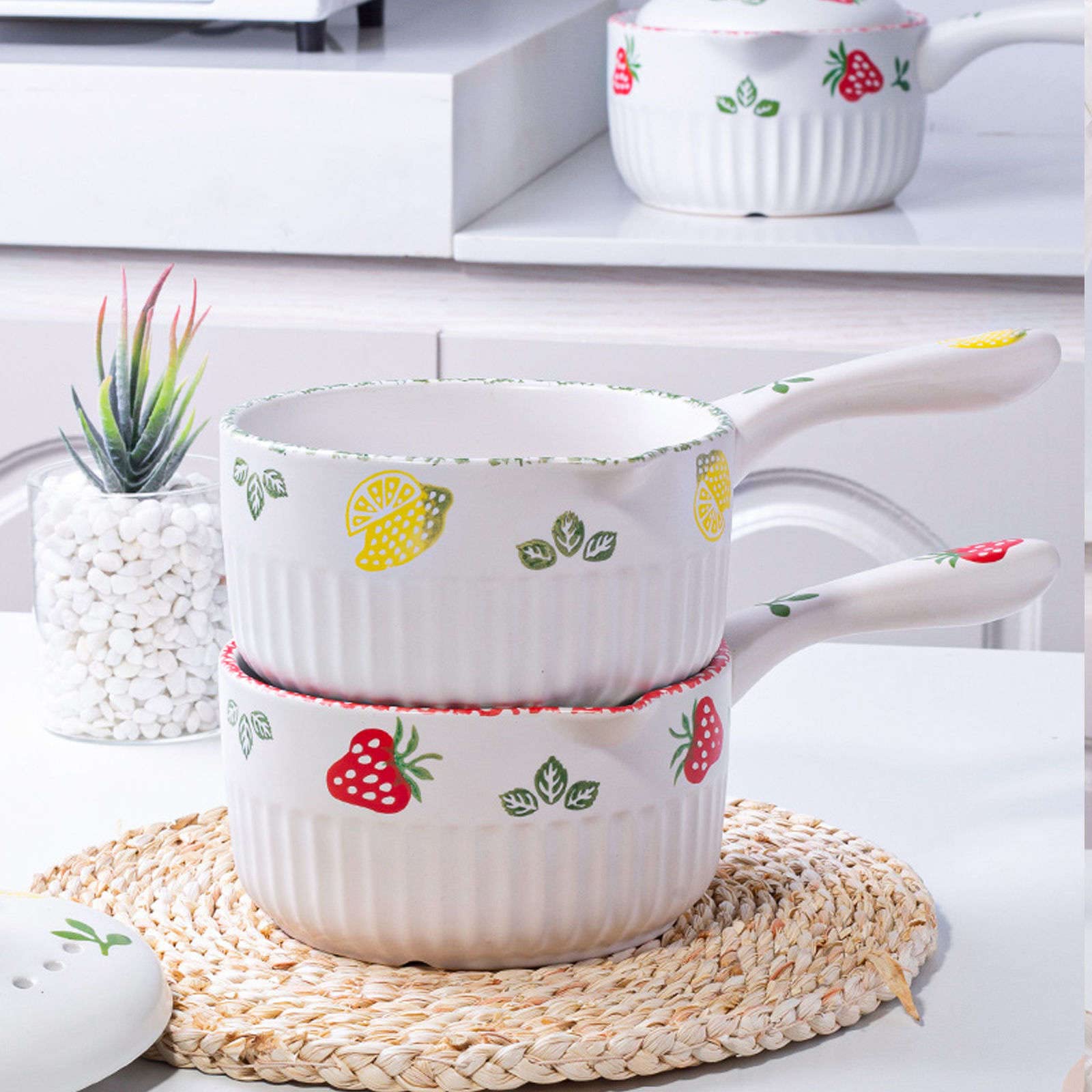 Hand-Painted Ceramic Milk Pot with Inverted Lip - 1.8L Lemon Design for Cooking Milk, Porridge & Soup - Durable Ceramic Casserole Pan with Fruit Pattern - Perfect for Stovetop, Serving & Kitchen Decor
