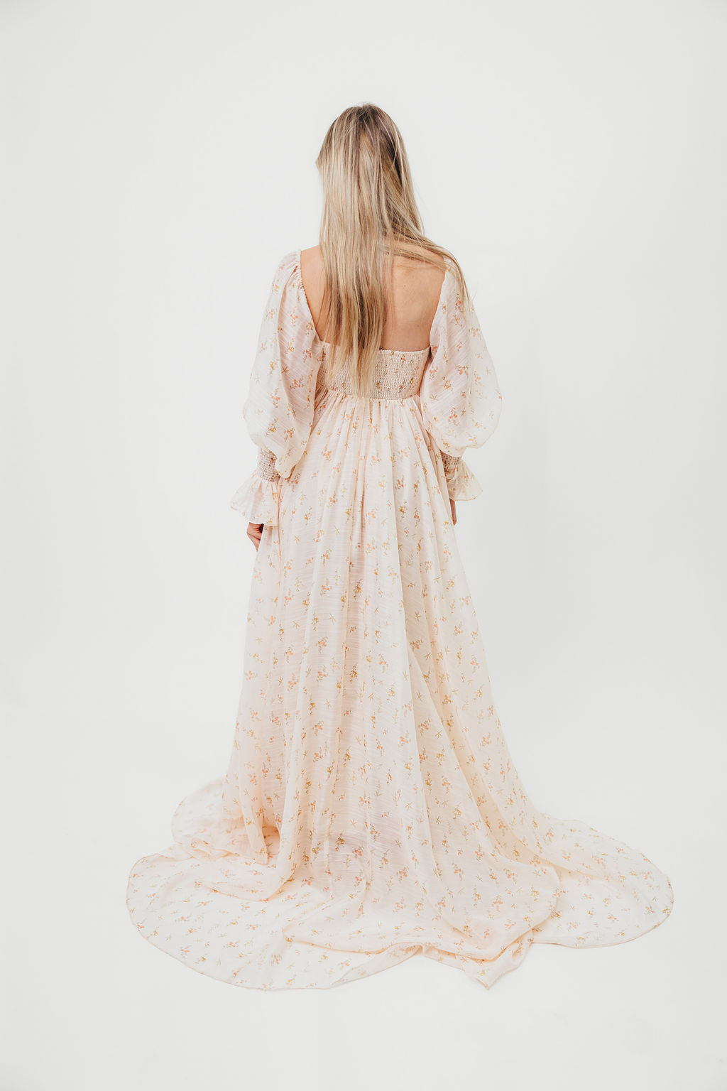 Delilah Maxi Dress with Train in Peach - Bump Friendly Maternity Dress (XS-3XL) | Perfect for Weddings, Baby Showers & Special Occasions
