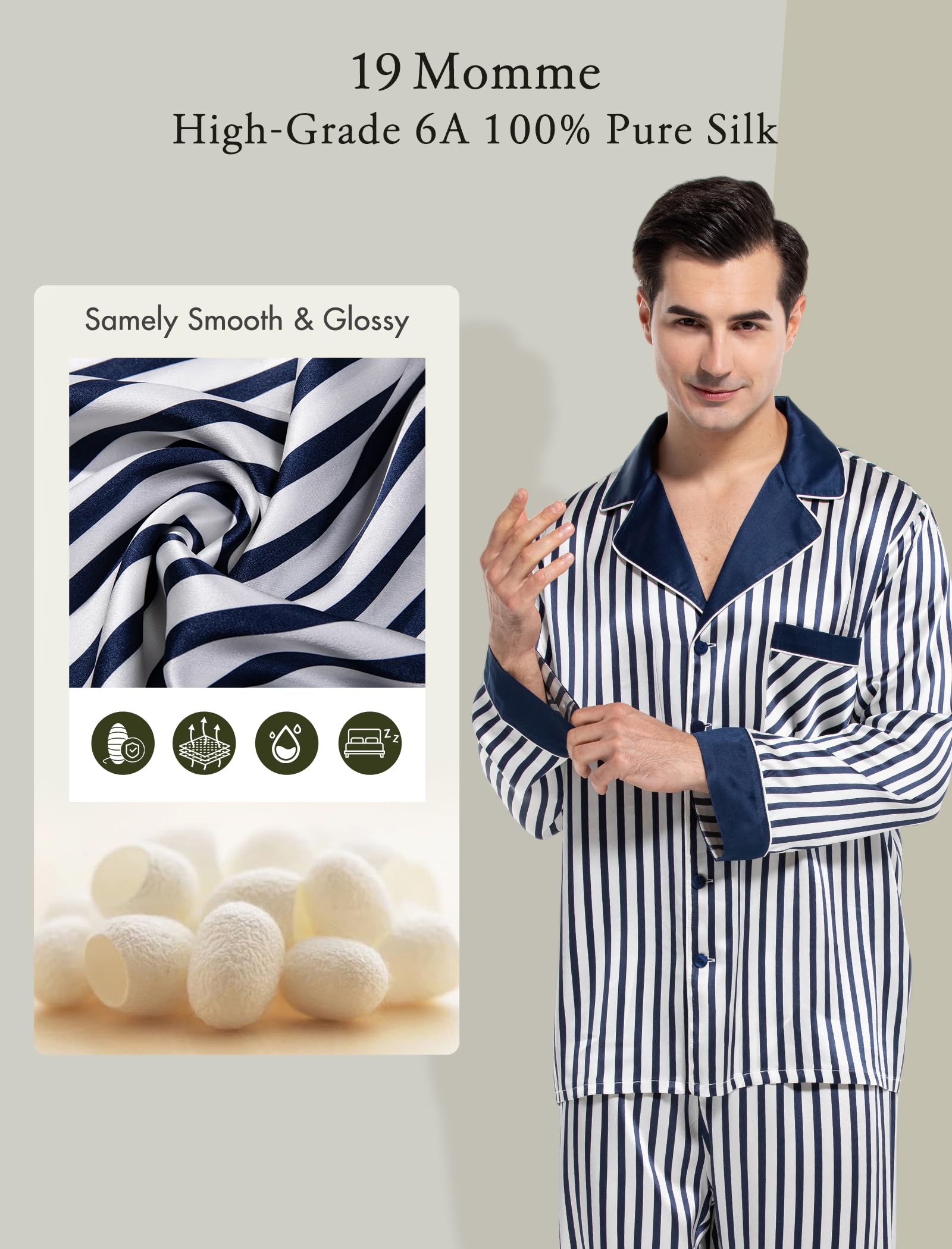 Luxury Men's Silk Pajama Set - 100% Pure Silk Long Sleeve Button Down Sleepwear - Comfortable 2-Piece Pajamas for Men - Perfect for Relaxing at Home, Lounging & Gift Giving