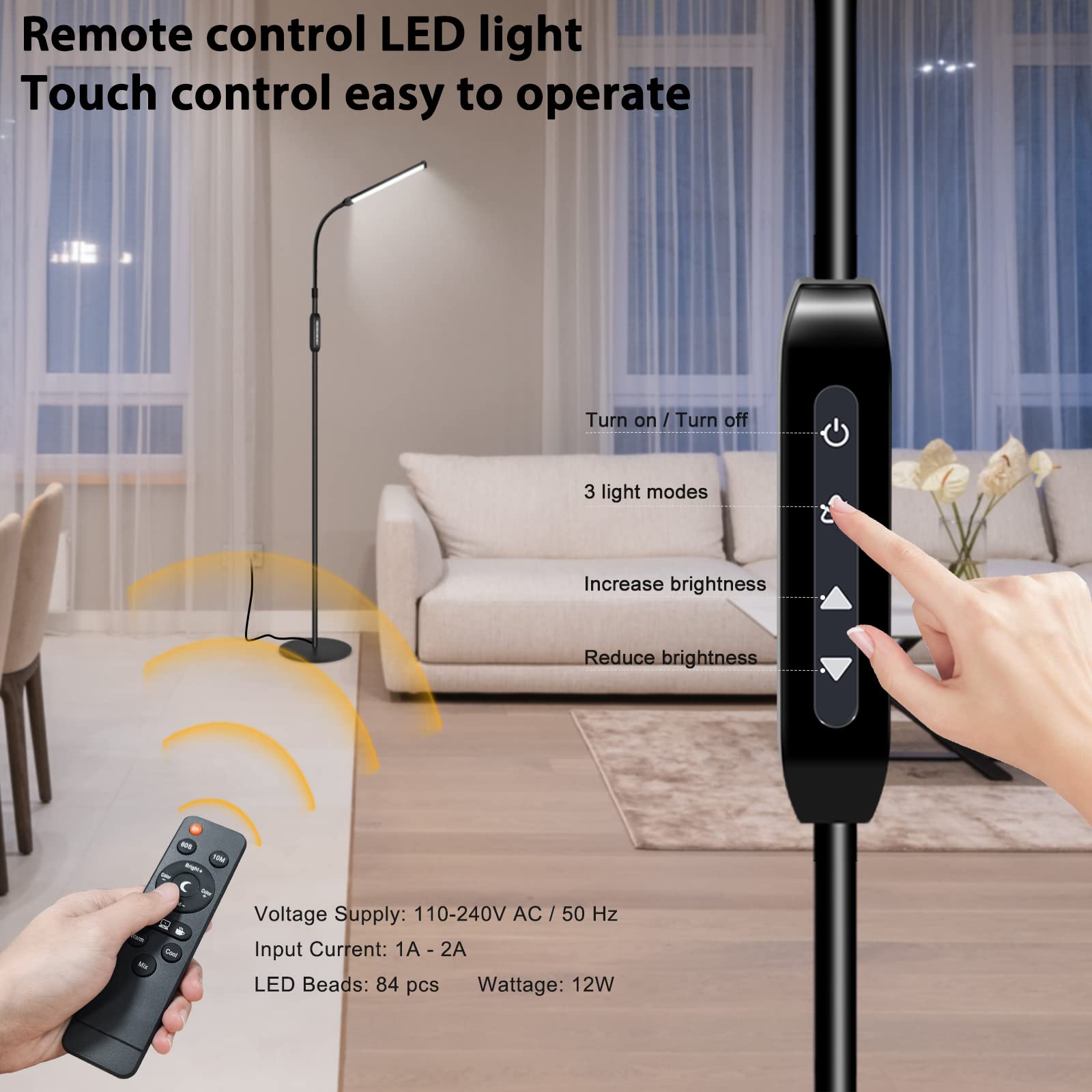 Adjustable LED Floor Lamp with Remote Control for Eyelash Extensions, Crafting & Makeup - Dimmable Gooseneck Beauty Task Light for Salon, Spa & Home Use - Perfect for Lash Technicians, Artists & Facial Treatments