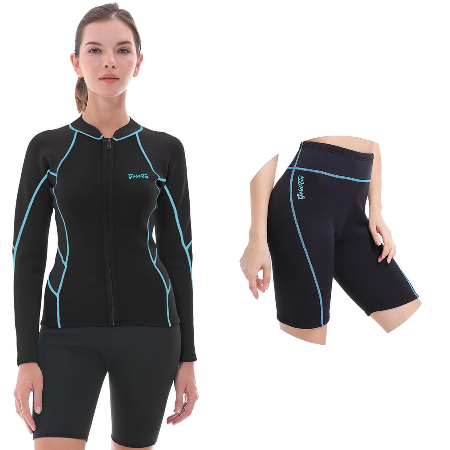 GoldFin Women's 2mm Neoprene Wetsuit Top & Shorts Set - Thermal Swimwear for Water Aerobics, Scuba Diving, Surfing & Boating in Cold Water (Size M) - Perfect for Beach Activities, Pool Workouts & Water Sports Adventures
