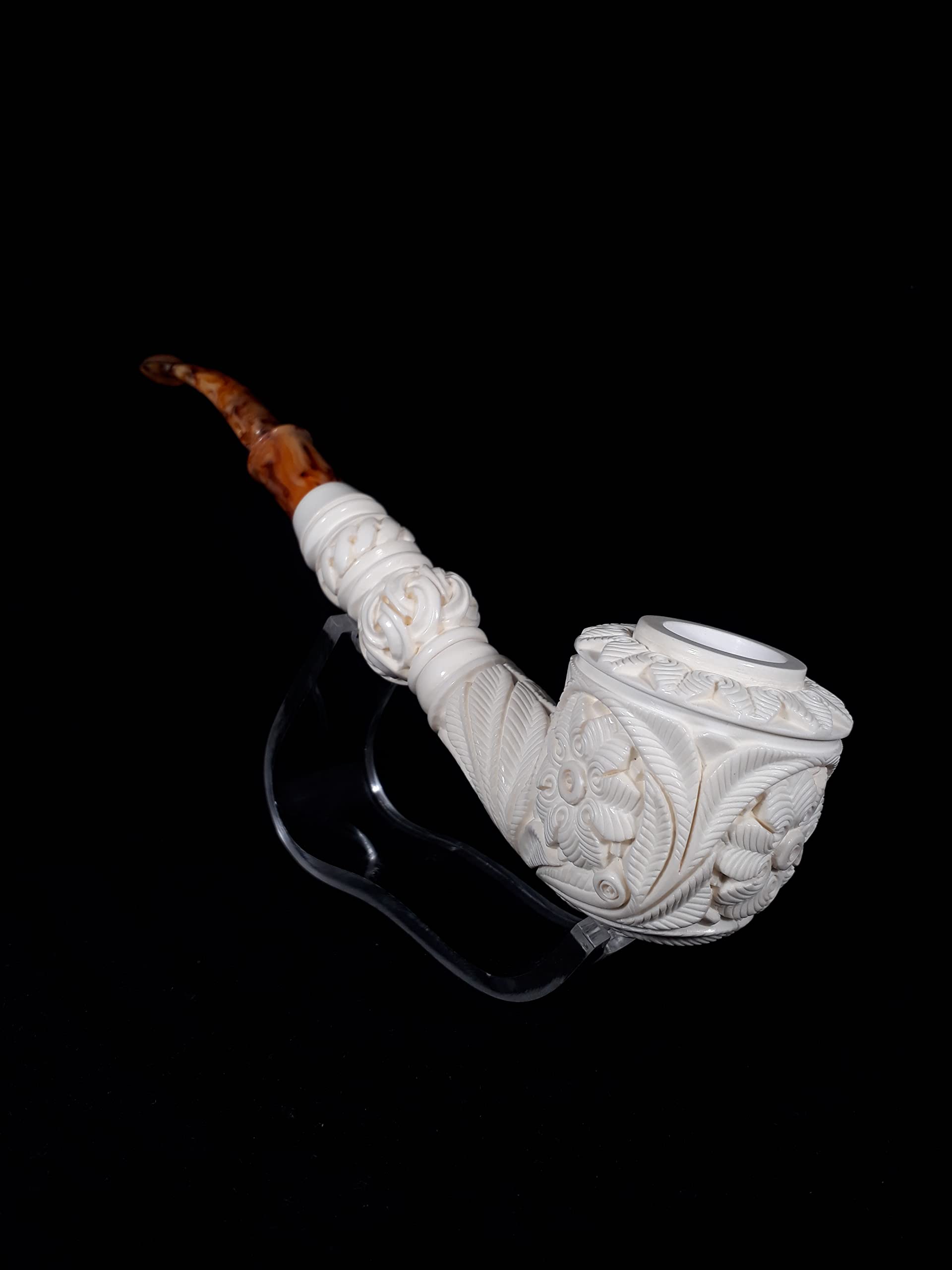 Premium Meerschaum Pipe with Floral Embossed Design & Bent Stem - Handcrafted from Solid Block Meerschaum | Perfect for Relaxing Smoke Sessions & Collector's Display