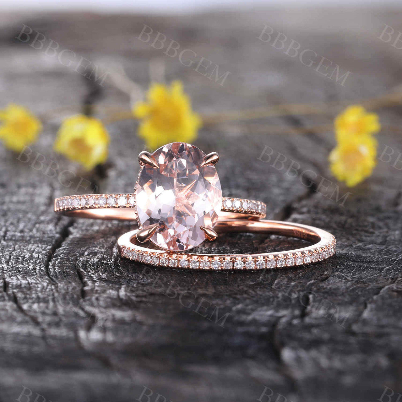 Rose Gold Morganite & Diamond Wedding Ring Set - 7x9mm Oval Art Deco Stacking Band in 14K/18K Gold - Perfect for Engagement, Anniversary & Bridal Jewelry Gifts