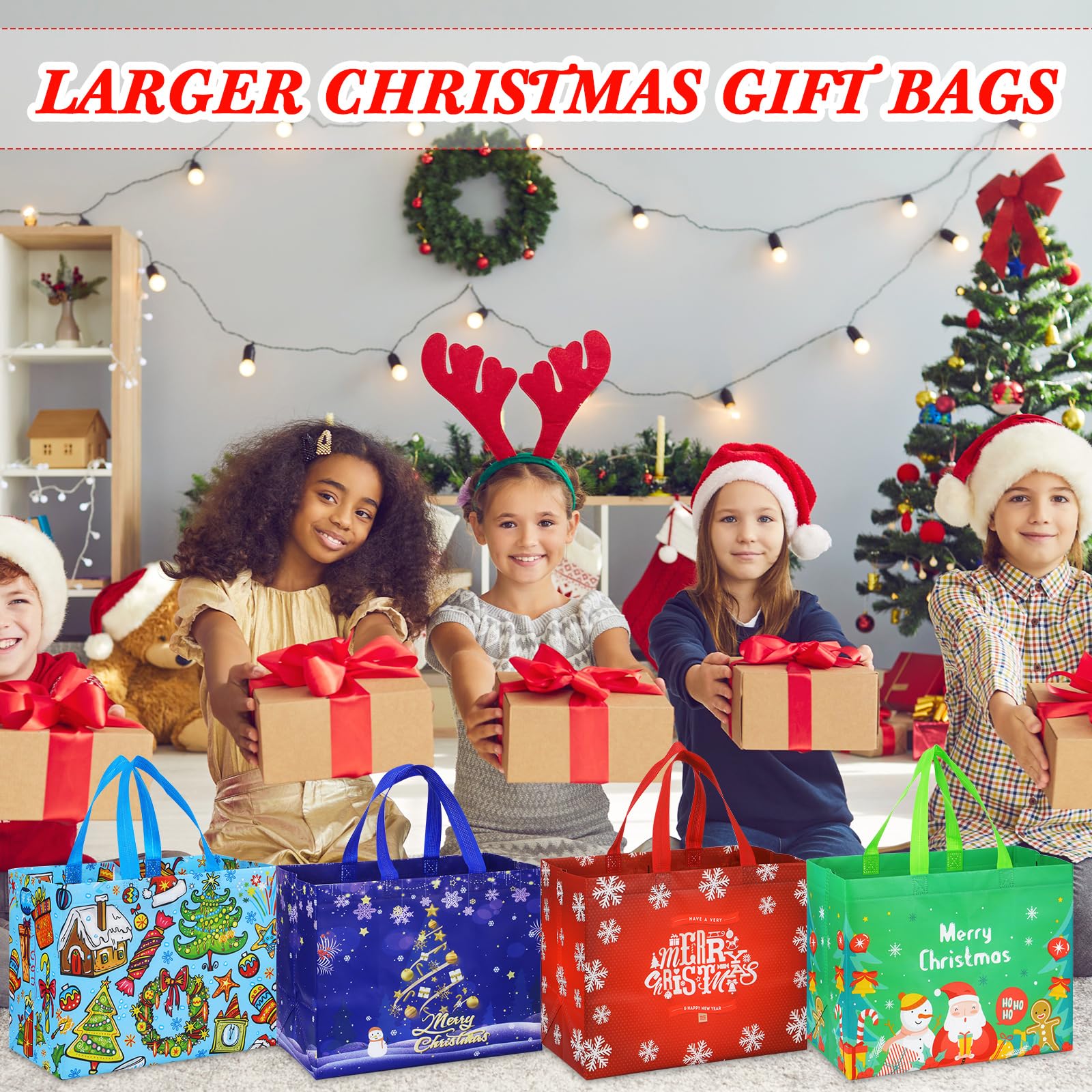 200 Pcs Christmas Gift Bags Bulk - Reusable Holiday Tote Bags with Handles for Xmas Presents, Party Favors & Grocery Shopping (Classic Style, Non-Woven Fabric)