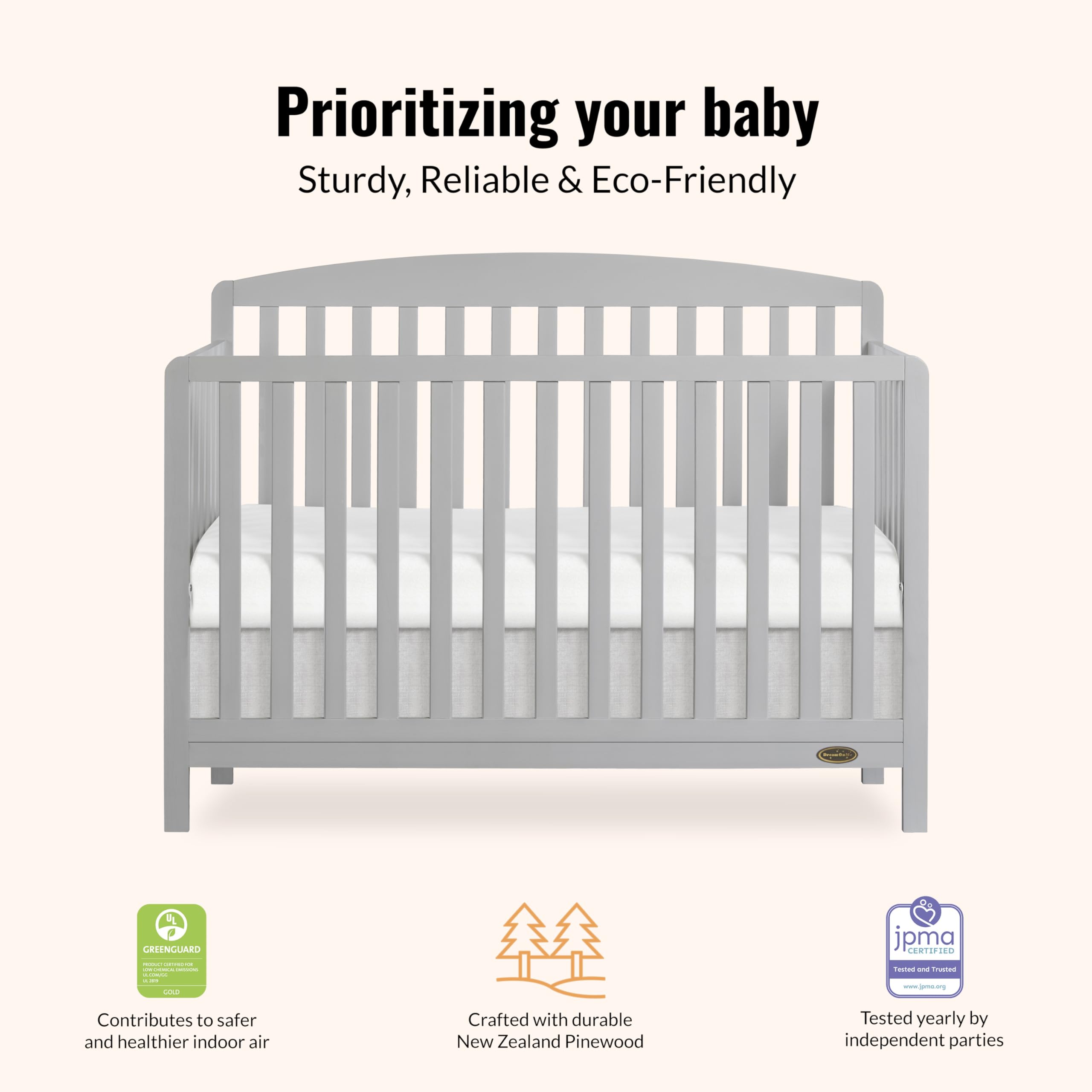Dream On Me JPMA & Greenguard Gold Certified Odelle 5-in-1 Convertible Crib in Pebble Grey - Sustainable Pinewood Construction, 3 Adjustable Mattress Heights, Non-Toxic Water-Based Finish | Nursery Essential for Newborn to Toddler Bed Conversion