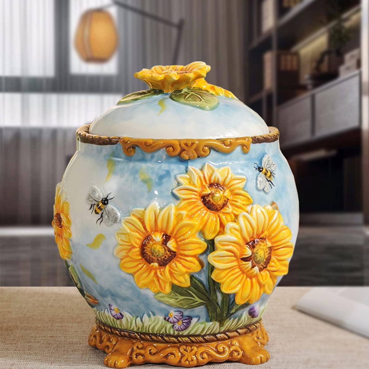 European Style Sunflower Ceramic Food Storage Jar with Lid - 84.5oz/2500ml Airtight Tea, Coffee, Spice & Snack Container - Perfect for Kitchen Pantry, Coffee Station & Home Decor