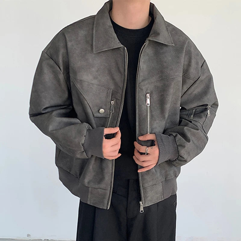 Men's American Style PU Leather Jacket with Zipper & Patchwork - Turn Down Collar Casual Solid Color Coat for Autumn | Perfect for Outdoor Activities, Daily Wear & Street Fashion