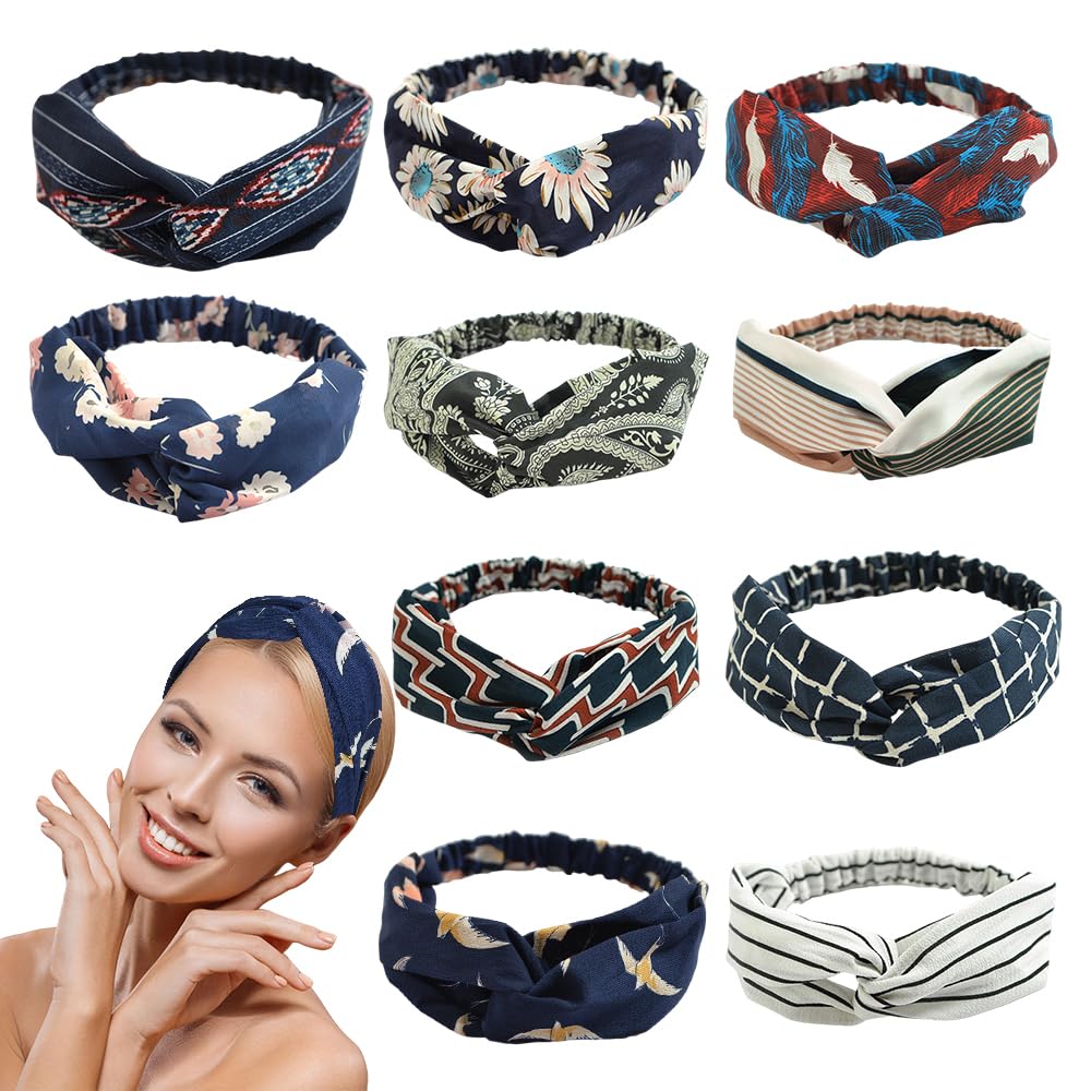 CHRISLZ 10 Pack Floral Print Women's Headbands - Soft Stretch Yoga Headwraps, Sports Hair Bands & Turban Style Headwear (5 Colors) for Workouts, Running, Fashion & Everyday Use