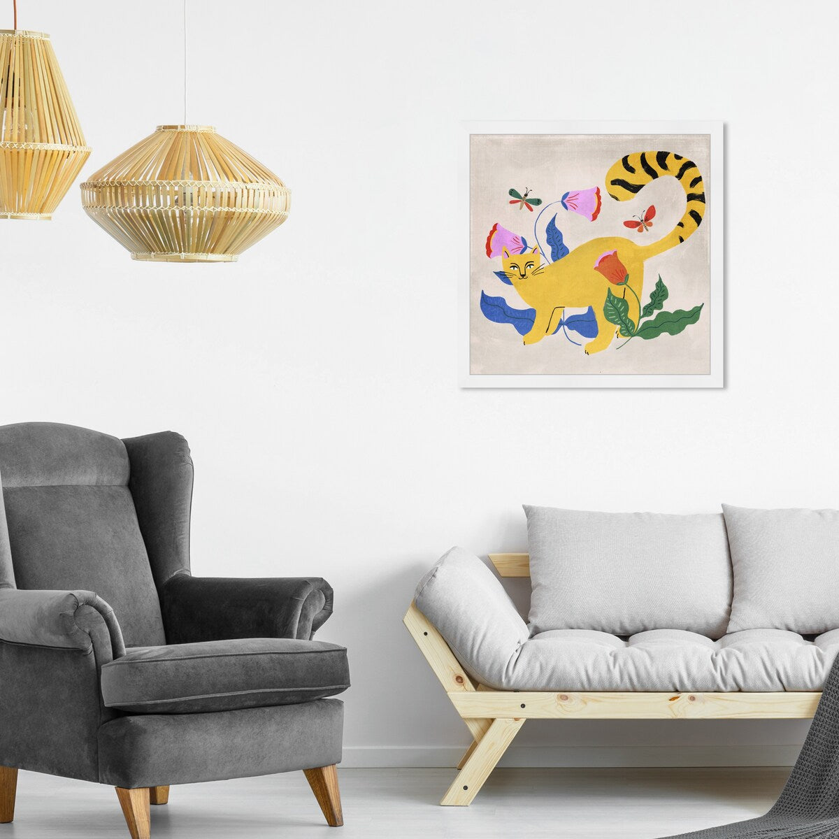 Blonde Tabby Floral Kitten Butterfly Garden Modern Yellow Framed Wall Art Print - Home Decor for Bedroom, Living Room & Nursery