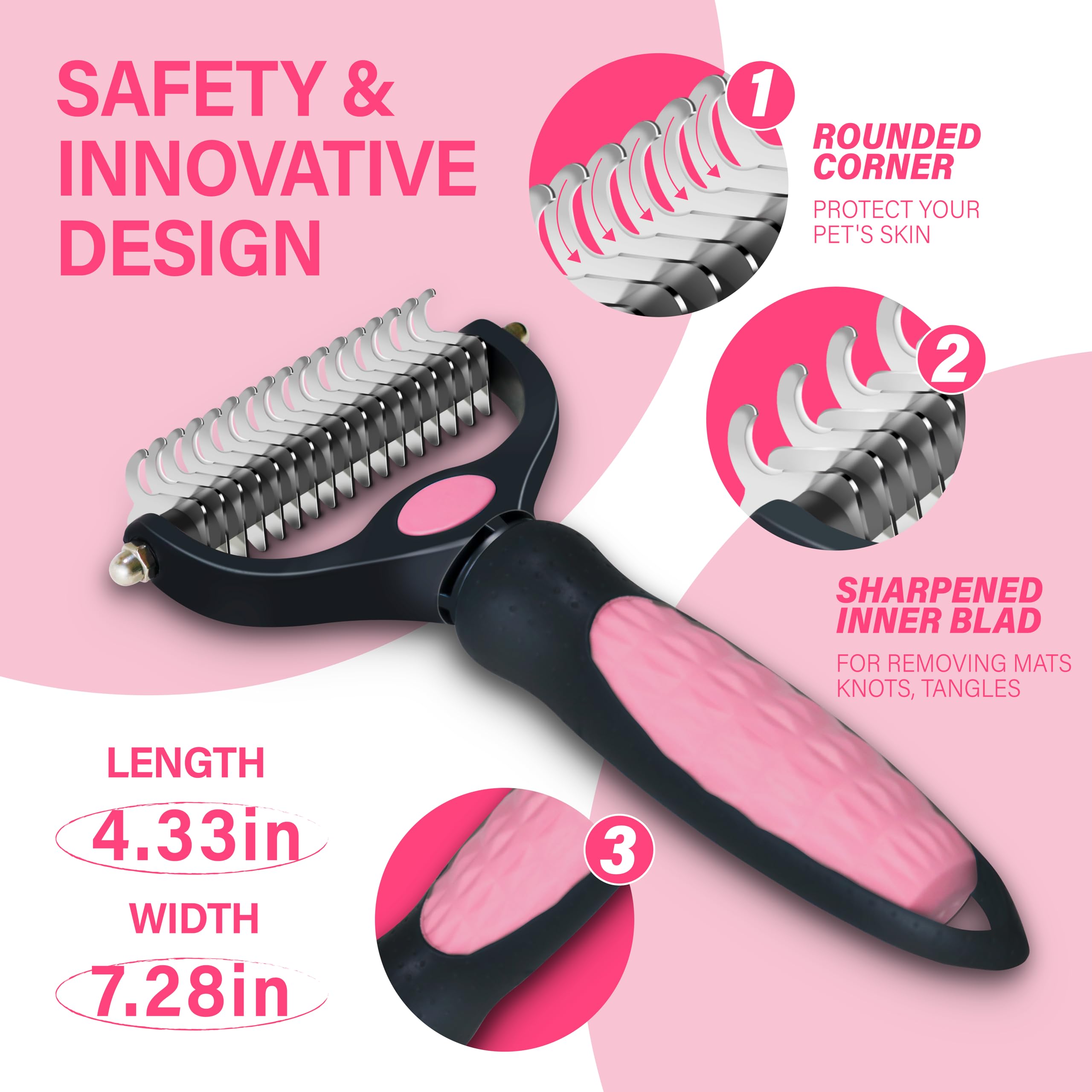 Professional Pet Grooming Brush for Dogs & Cats - Extra Wide Double-Sided Stainless Steel Undercoat Rake for Long-Haired Pets, Removes Knots, Mats & Tangles, Reduces Shedding by 95% (Pink) - Perfect for Home Grooming & Shedding Control