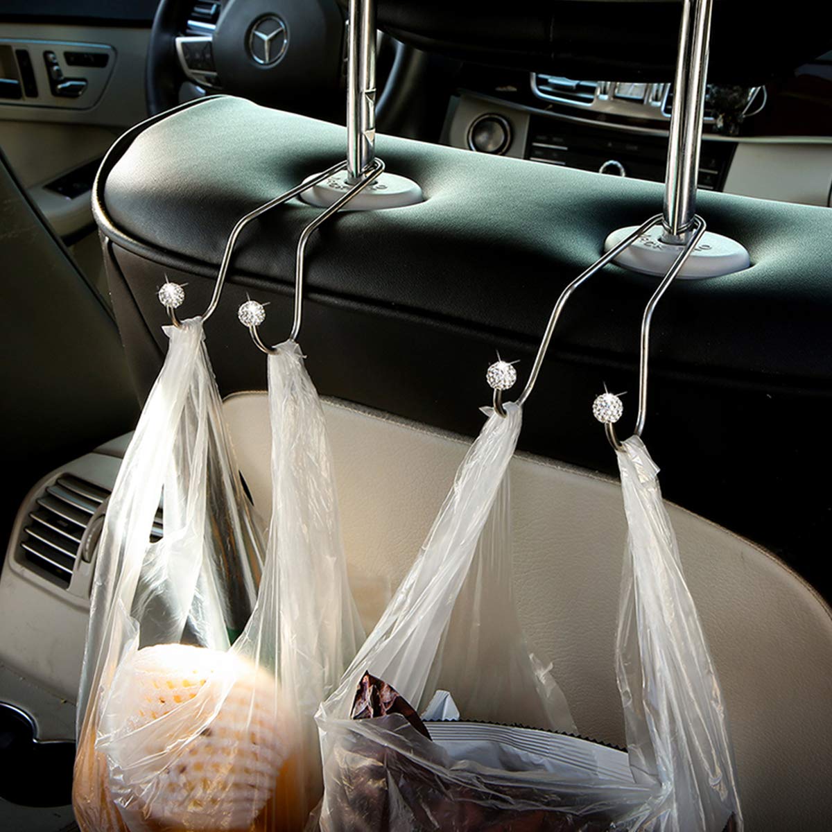 Rhinestone Car Seat Hooks - Universal Headrest Hangers for Bags, Coats & Organizers | Durable Auto Backseat Storage Hooks (White) | Perfect for Road Trips, Shopping & Daily Commute