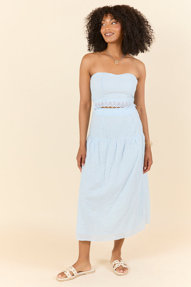 Take It Easy Blue Eyelet Tube Top Set - Women's Fashion Summer Crop Top & Skirt Outfit for Beach, Party, and Casual Wear
