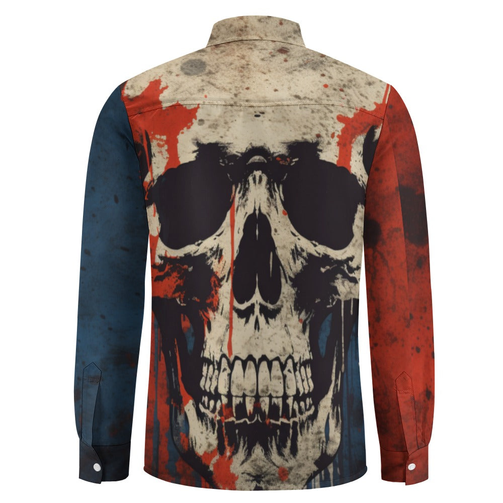 Gritty Skull Print Casual One Pocket Long Sleeve T-Shirt for Men - Gothic Streetwear, Punk Rock Fashion, Halloween Outfit & Everyday Wear