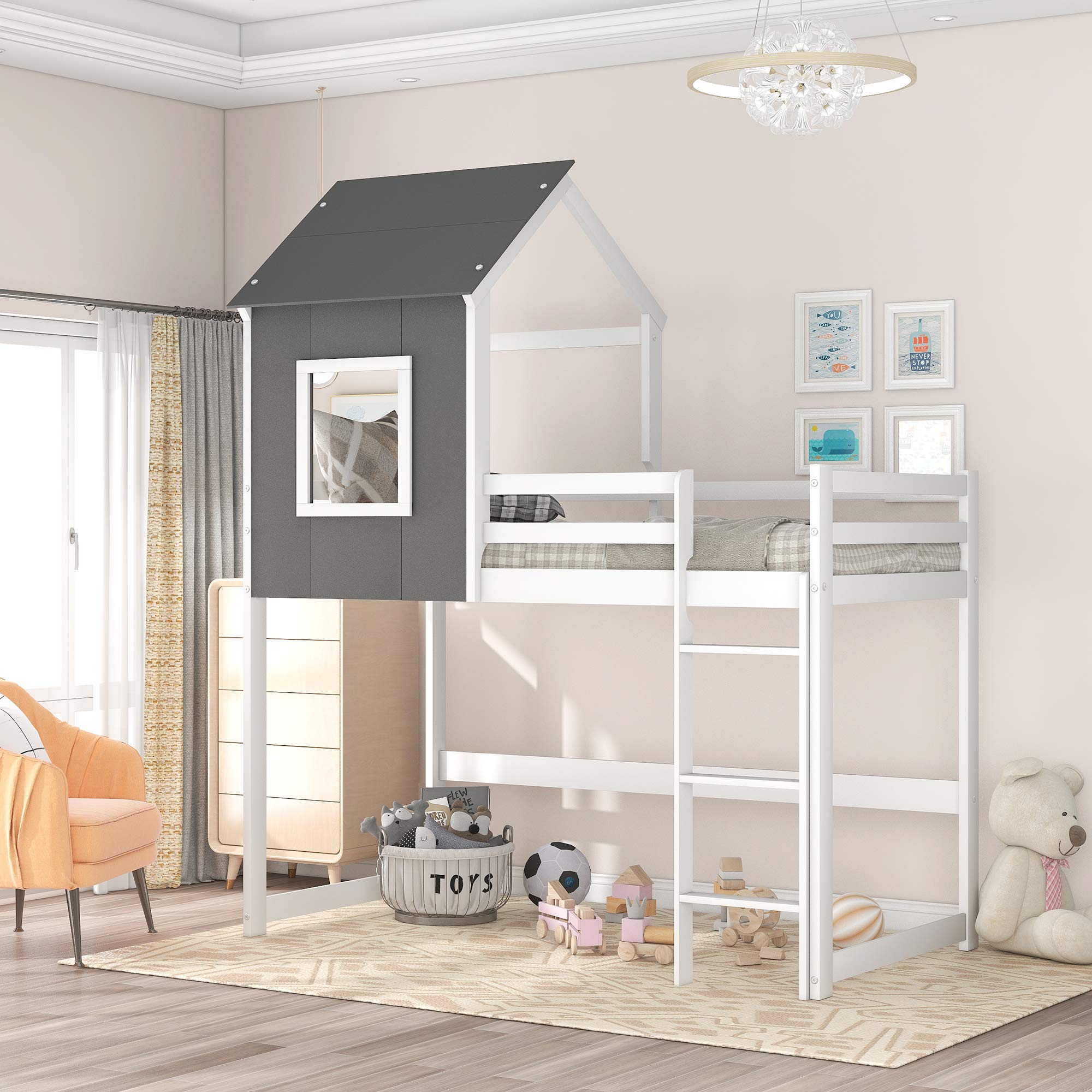 Twin Loft Bed with Roof and Window - Wooden House Bed Frame with Ladder & Guardrails for Kids, Teens, Boys & Girls - No Box Spring Needed - Perfect for Small Bedrooms, Playrooms & Kids' Bedrooms