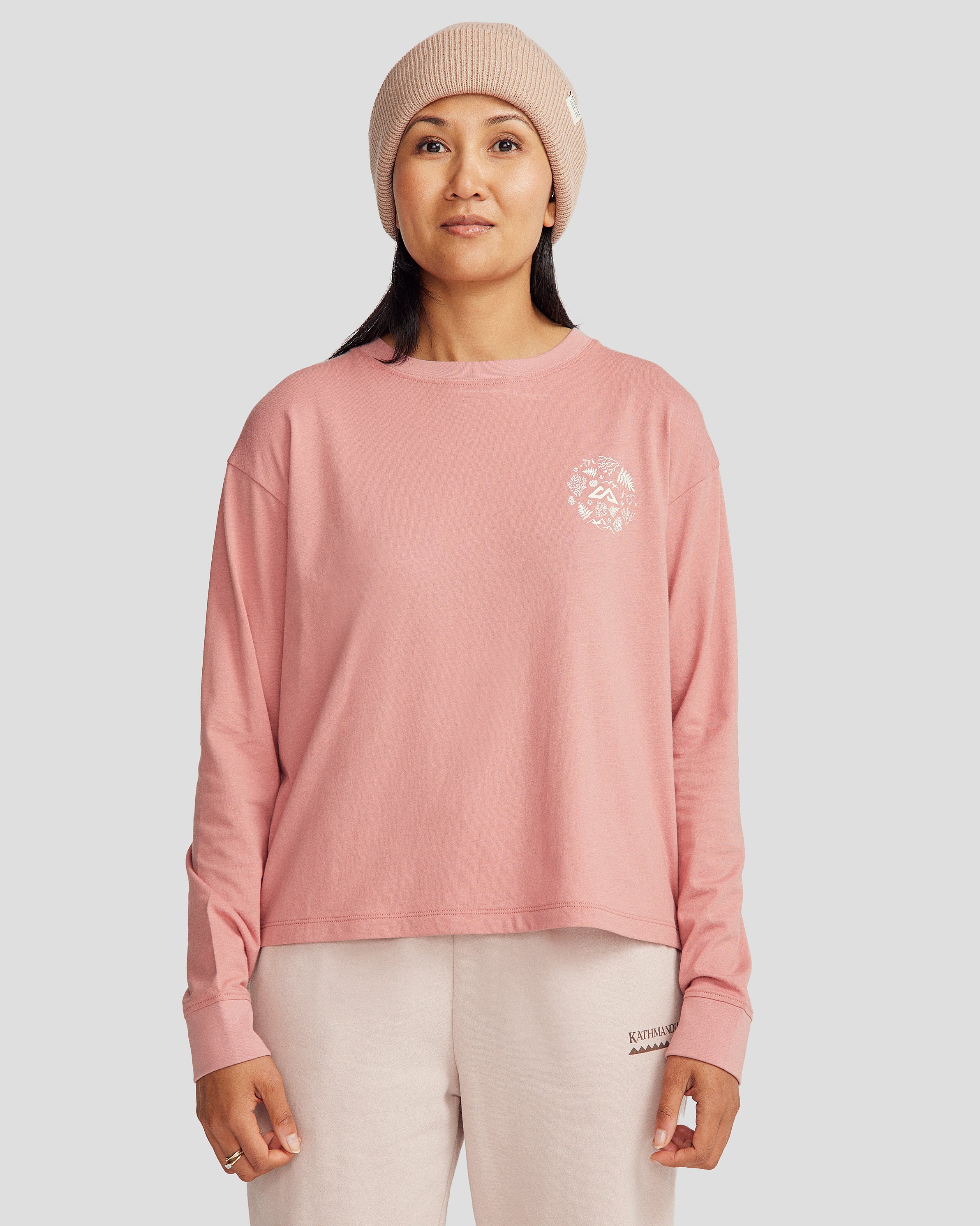 Organic Cotton Women's Long Sleeve T-Shirt with Nature Icons - Light Clay - Eco-Friendly Casual Wear for Hiking, Yoga & Everyday Comfort