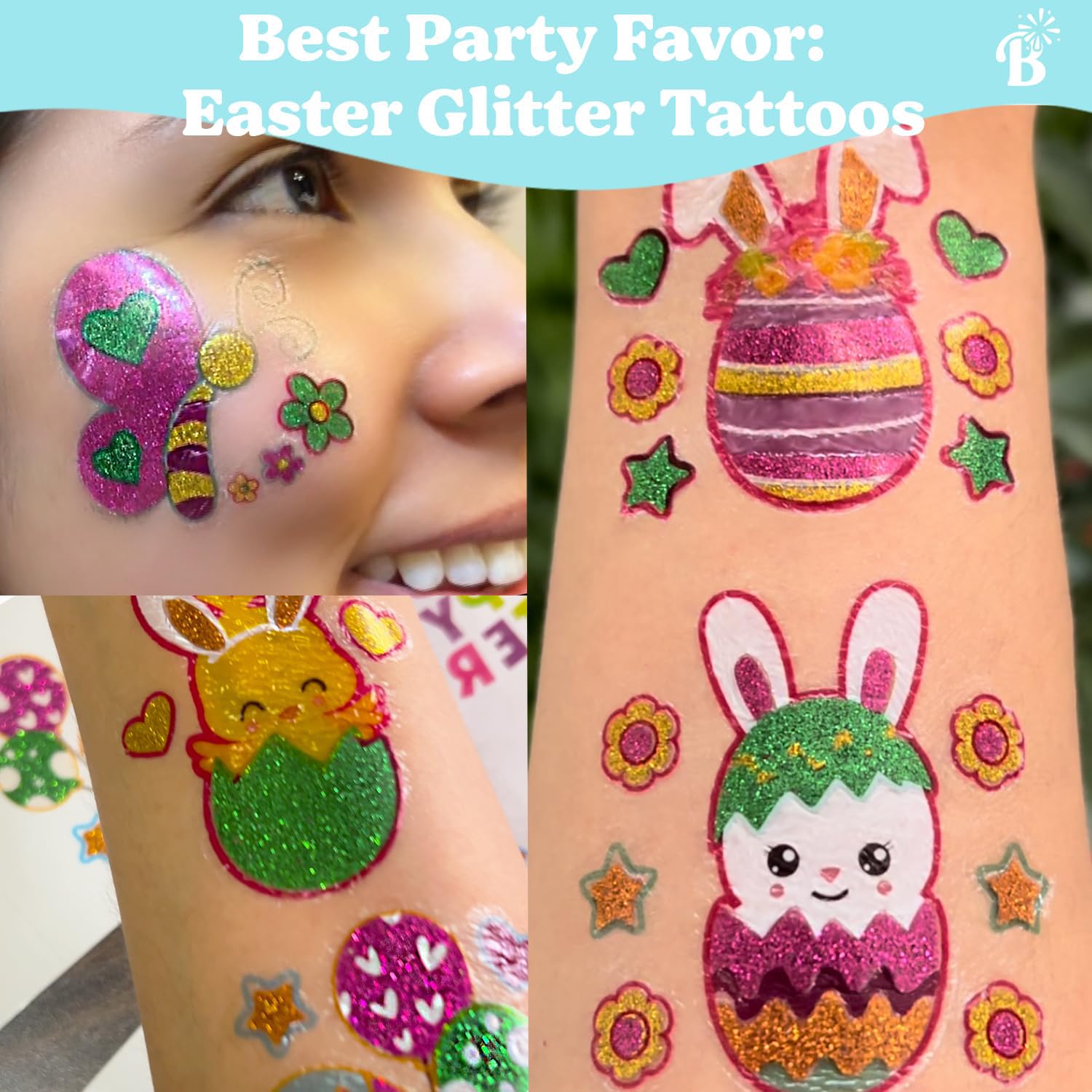 100pcs Glitter Temporary Tattoos for Kids - Easter Basket Stuffers, Party Favors, Goodie Bag Fillers | Non-Candy Easter Egg Trinkets, Face Gems for Classroom Activities, Birthday Parties & Holiday Celebrations (Girls & Boys)