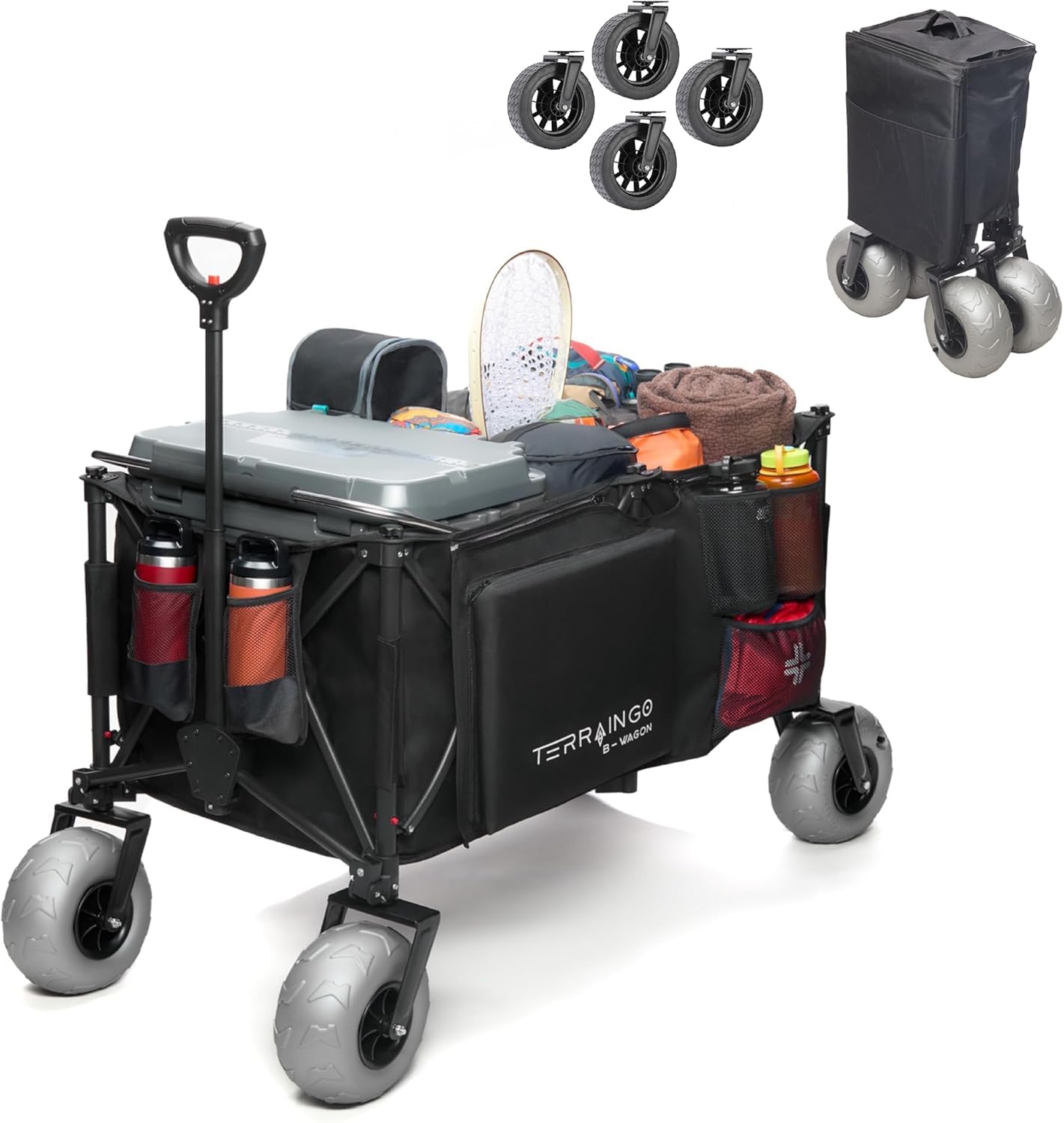TerrainGo Extra Large Foldable Wagon Cart with All-Terrain Wheels - Heavy Duty Utility Cart with Built-in Insulated Cooler, Storage Pockets & Front Cup Holders - Perfect for Beach Trips, Gardening, Fishing, Shopping & Outdoor Adventures