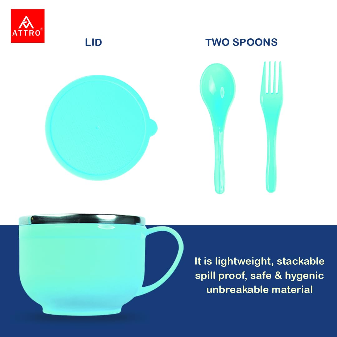 Attro 500ml Stainless Steel Noodle Bowl with Spoon Holder - Lightweight, Stackable, Durable Soup Bowl for Ramen, Maggi & Instant Noodles - Perfect for Camping, Dorm Rooms & Office Lunch (Blue)