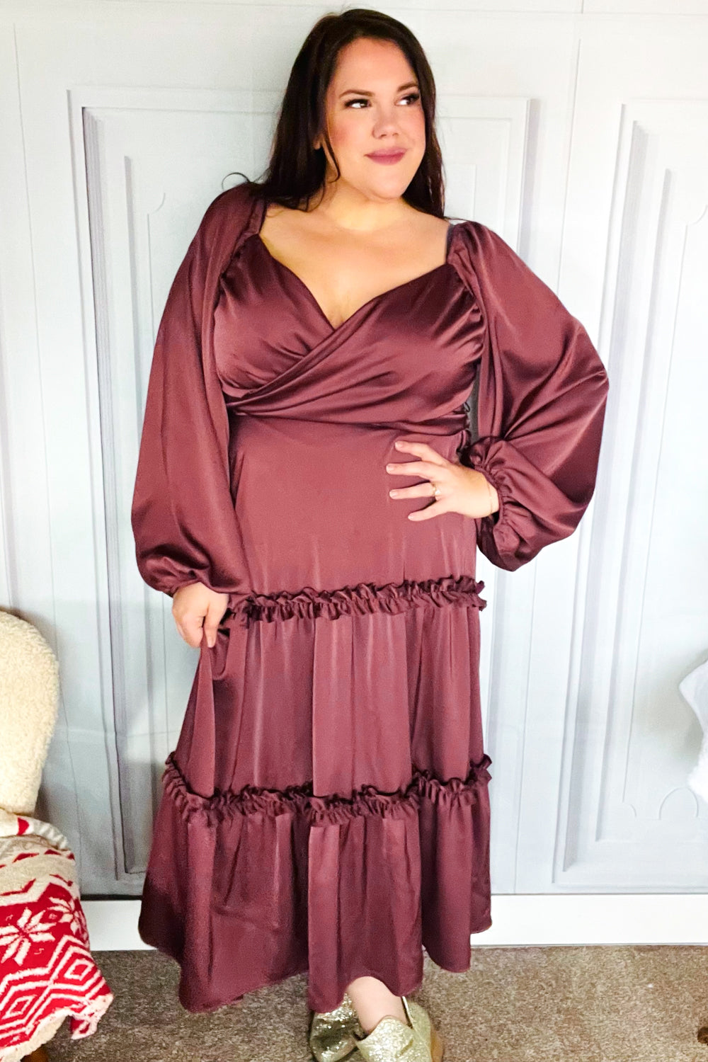 Holiday Vibes Wine Satin Front Overlap Smocked Back Maxi Dress for Women - Elegant Party Gown for Christmas, New Year & Special Occasions