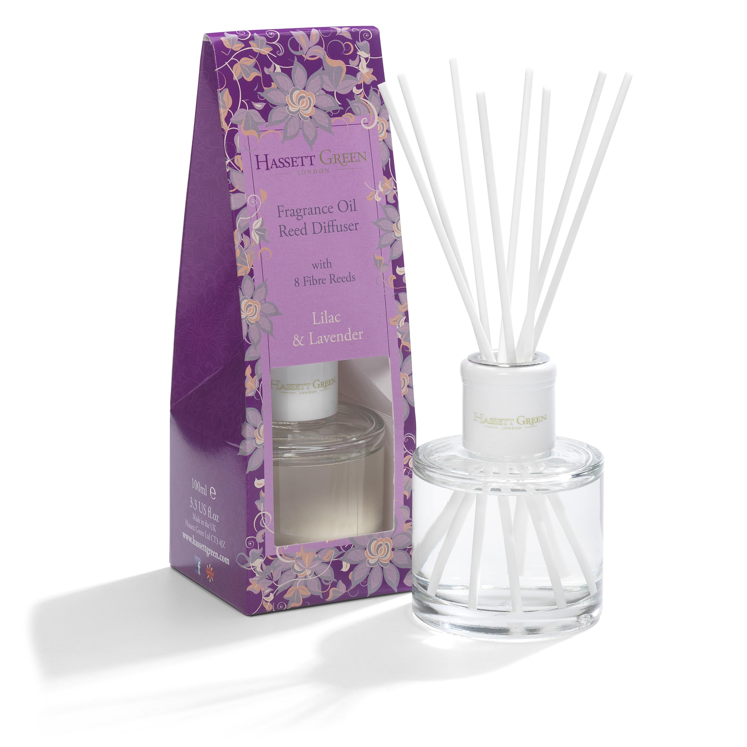 Hassett Green London Fragrance Oil Reed Diffuser - 100ml Glass Bottle with 8 Natural Fiber Reeds - Lilac & Lavender Scent for Home & Office Aromatherapy