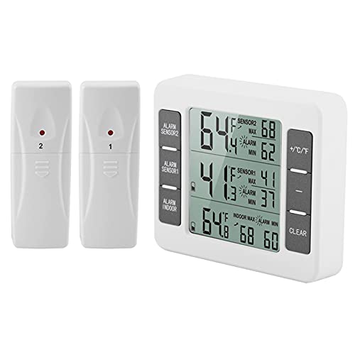 Wireless Digital Thermometer with LCD Screen & Audible Alarm - Freezer, Refrigerator, Home, Kitchen Temperature Monitor for Food Safety & Storage
