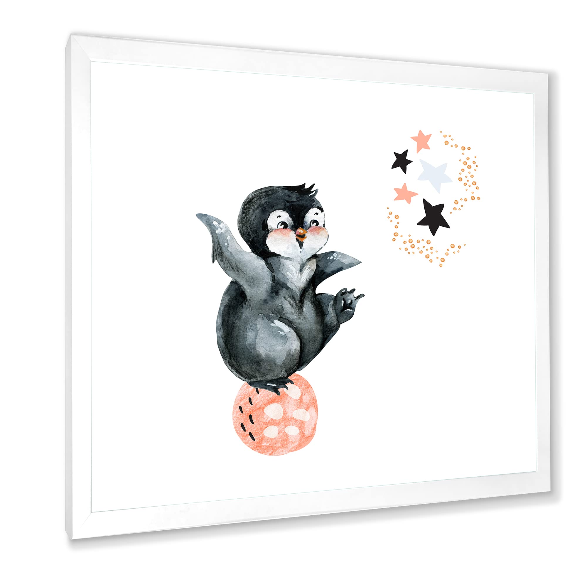 DesignQ Little Penguin With Stars and Planets II Farmhouse Framed Wall Art - Cute Nursery Decor, Kids Room Wall Art, Living Room Decor for Home & Office