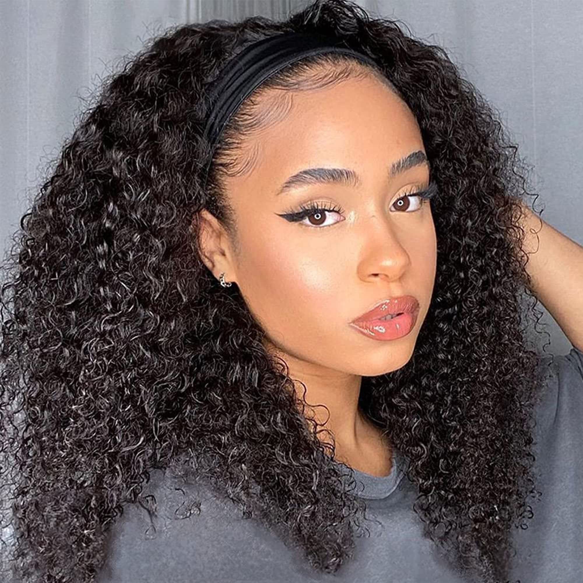 24 Inch Kinky Curly Headband Wig Human Hair - Glueless No Lace Front 180% Density Jerry Curly Wigs for Black Women (Natural Black Color) | Perfect for Daily Wear, Parties, Weddings & Protective Styling