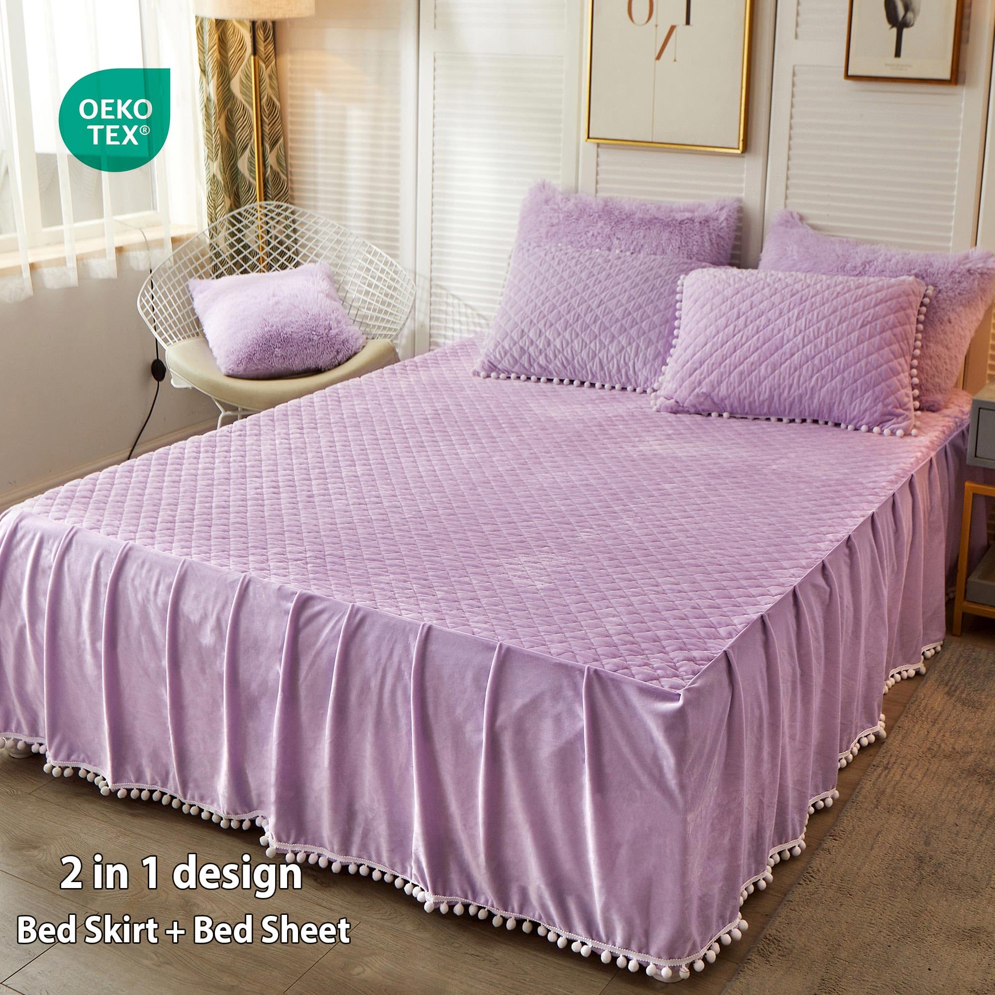 Luxury Pom Poms Velvet Bed Skirt - 18 Inch Drop Lavender Dust Ruffle Bed Skirt for Full/Queen Beds | Soft Cozy Quilted Fitted Bed Sheet with Elegant Fringe | Orchid Purple Bedspread Decor for Master Bedroom & Guest Room