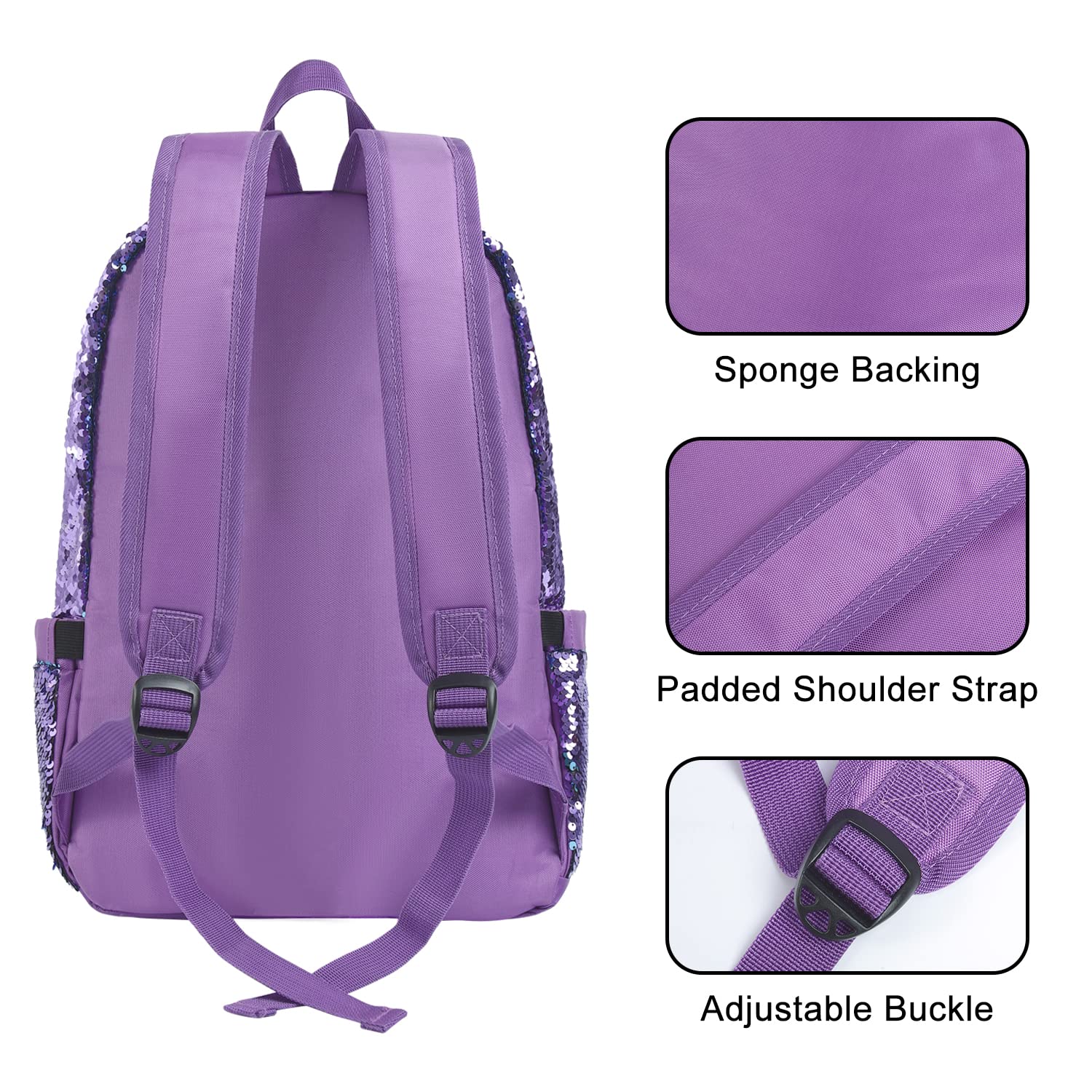 HeySun Sparkly Sequin Backpack for Girls - Glitter School Bag with Adjustable Straps, Purple Bookbag for Elementary, Middle & High School Students | Perfect for School, Travel & Everyday Use