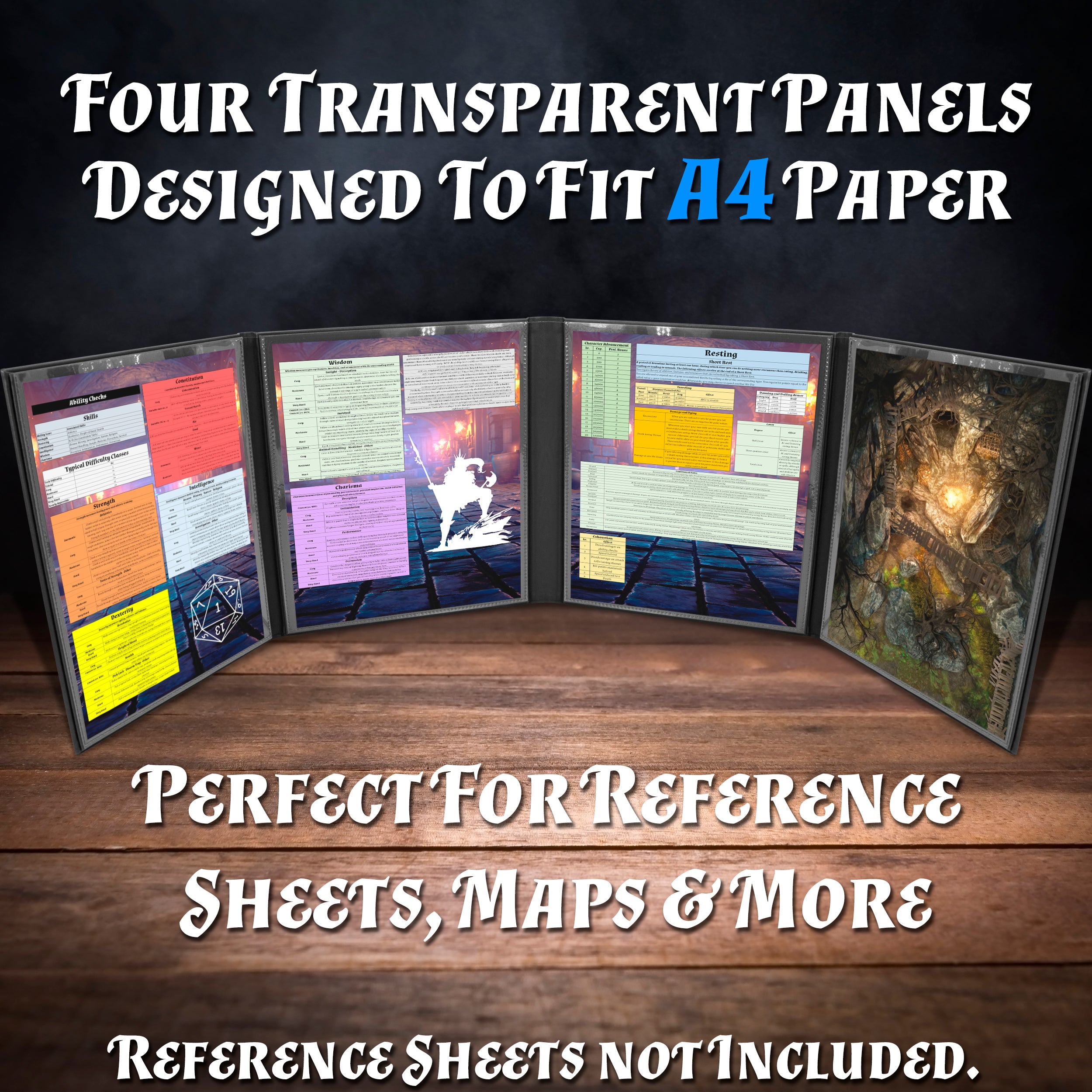 Faux Leather 4-Panel DM Screen with Wet Erase Pockets - Embossed Folding Game Master Screen for Dungeons & Dragons RPG - Black/Brown (Inserts Not Included) - Perfect for Tabletop Gaming Sessions & RPG Campaigns